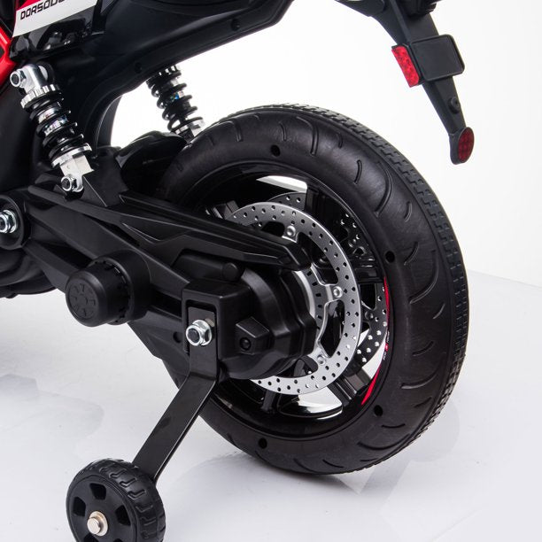 SUGIFT  12V Kids Ride On Motorcycle, 4-wheel Electric Dirt Bike with Spring Suspension, LED Lights, USB, MP3, Red