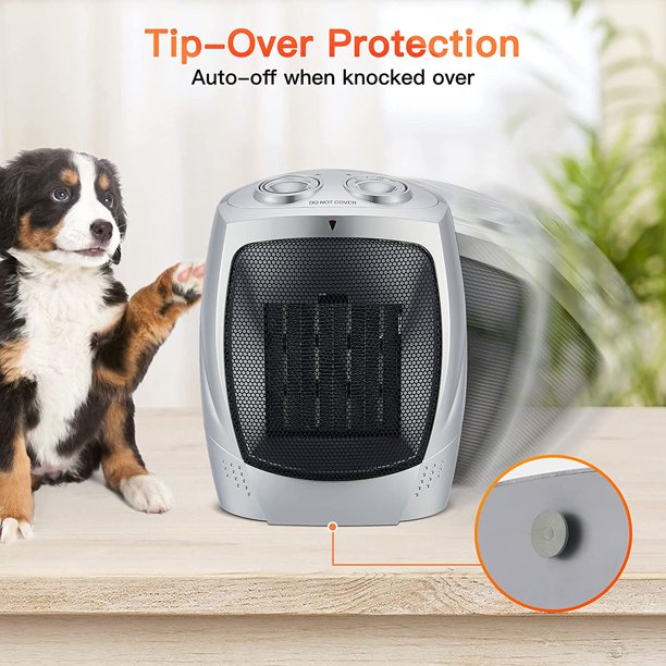 SUGIFT  Ceramic Heater with Thermostat, Overheat and Tip-over Protection, Heat Up 200 Square Feet in Minutes, Safe and Quiet for Office Room Desk Indoor Use (Silver)