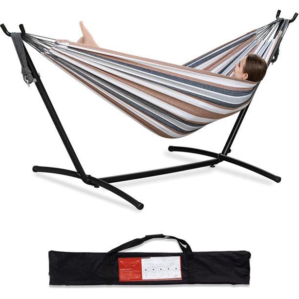 2-Person Hammock with Space Saving Steel Stand Garden Yard Outdoor 450lb Capacity Double Hammocks and Portable Carrying Bag (Coffee)