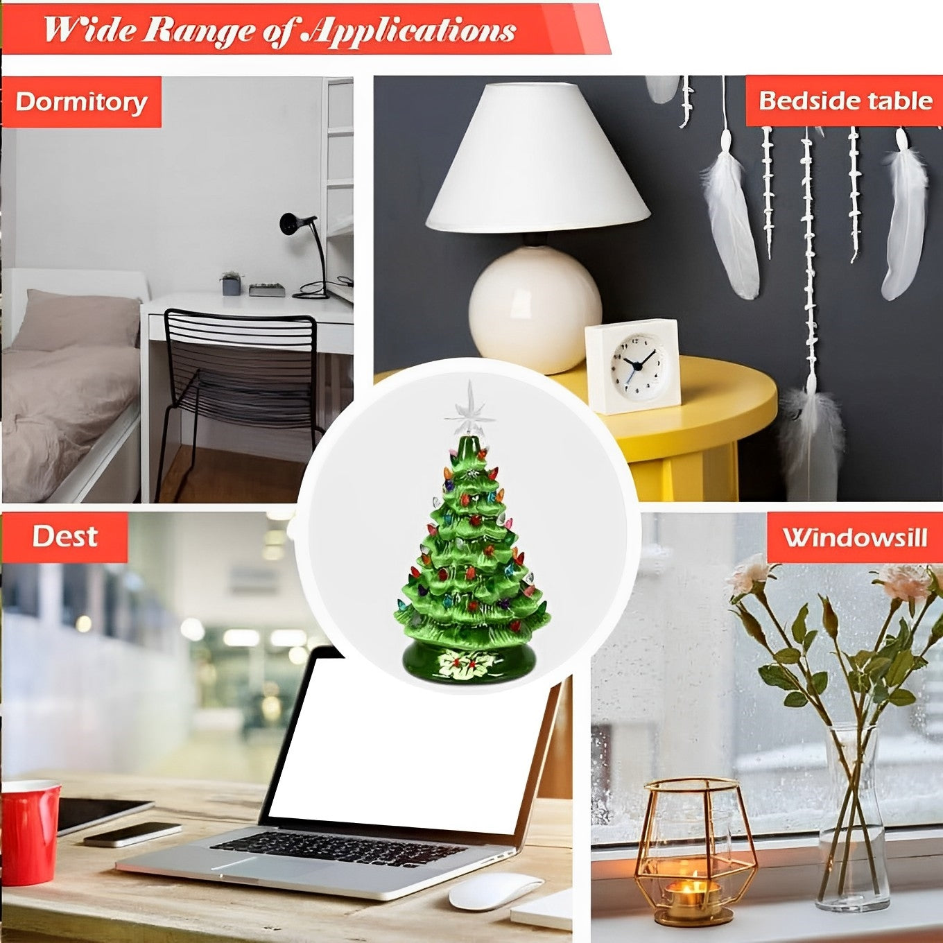 15in Ceramic Christmas Tree, Lighted Artificial Christmas Decoration Hand Painted Lighted Tree with Star