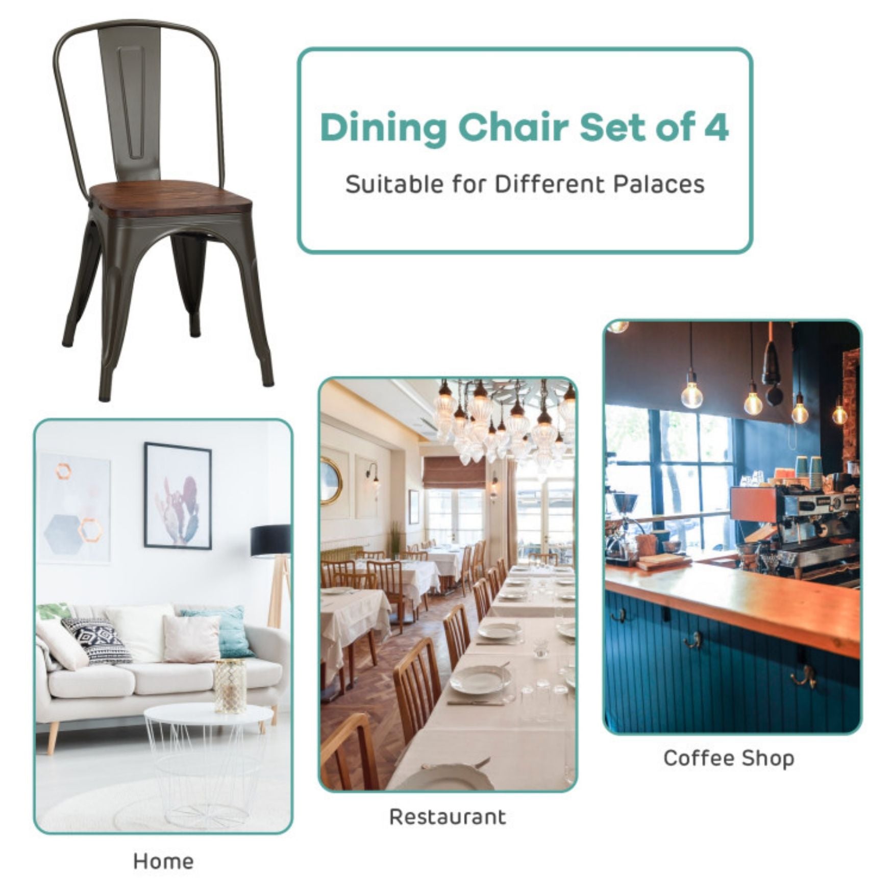 SUGIFT 18 Inch Set of 4 Stackable Metal Dining Chair with Wood Seat