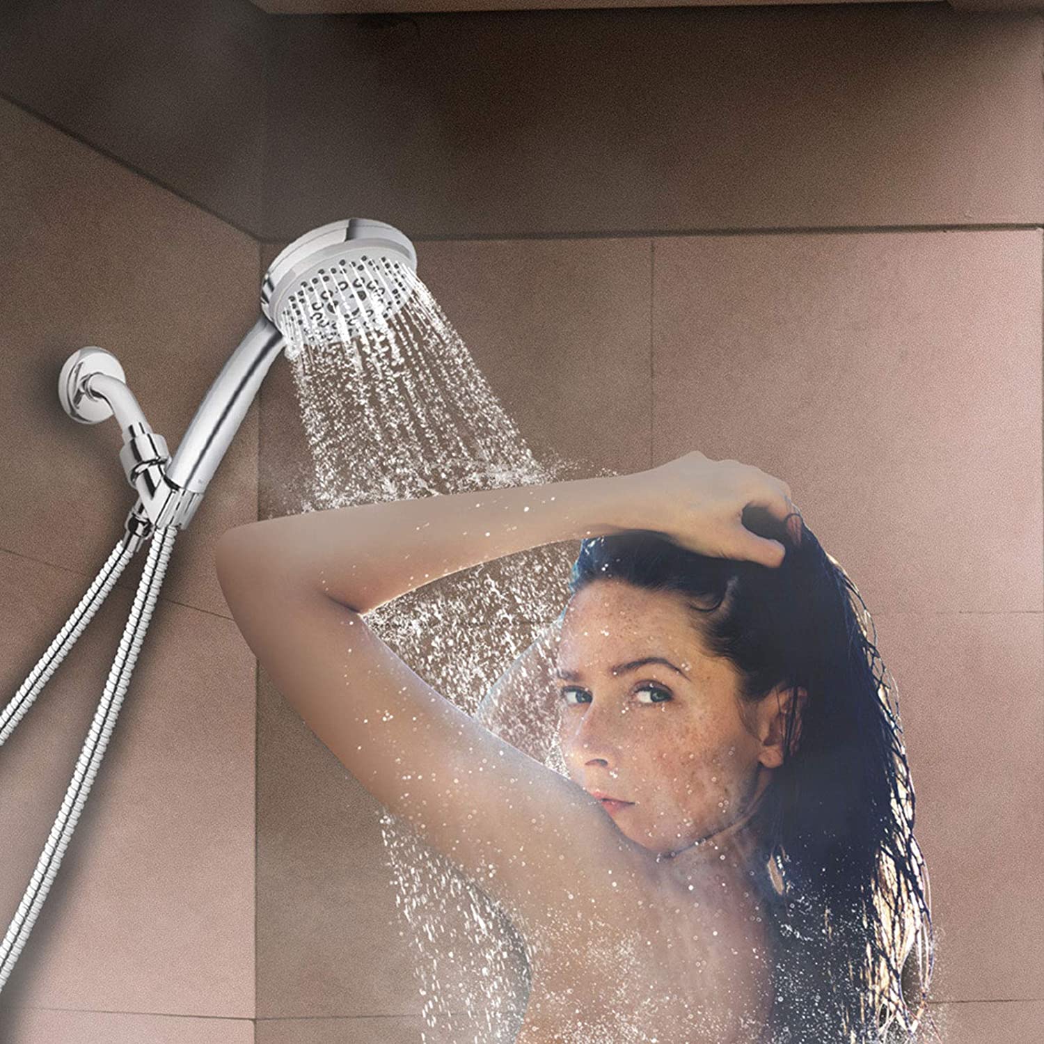 SUGIFT   High Pressure 5-Setting Handheld Shower Head with Powerful Shower Spray against Low Pressure Water Supply Pipeline, Multi-functions, w/79'' Hose, Bracket, Flow Regulator, Chrome Finish