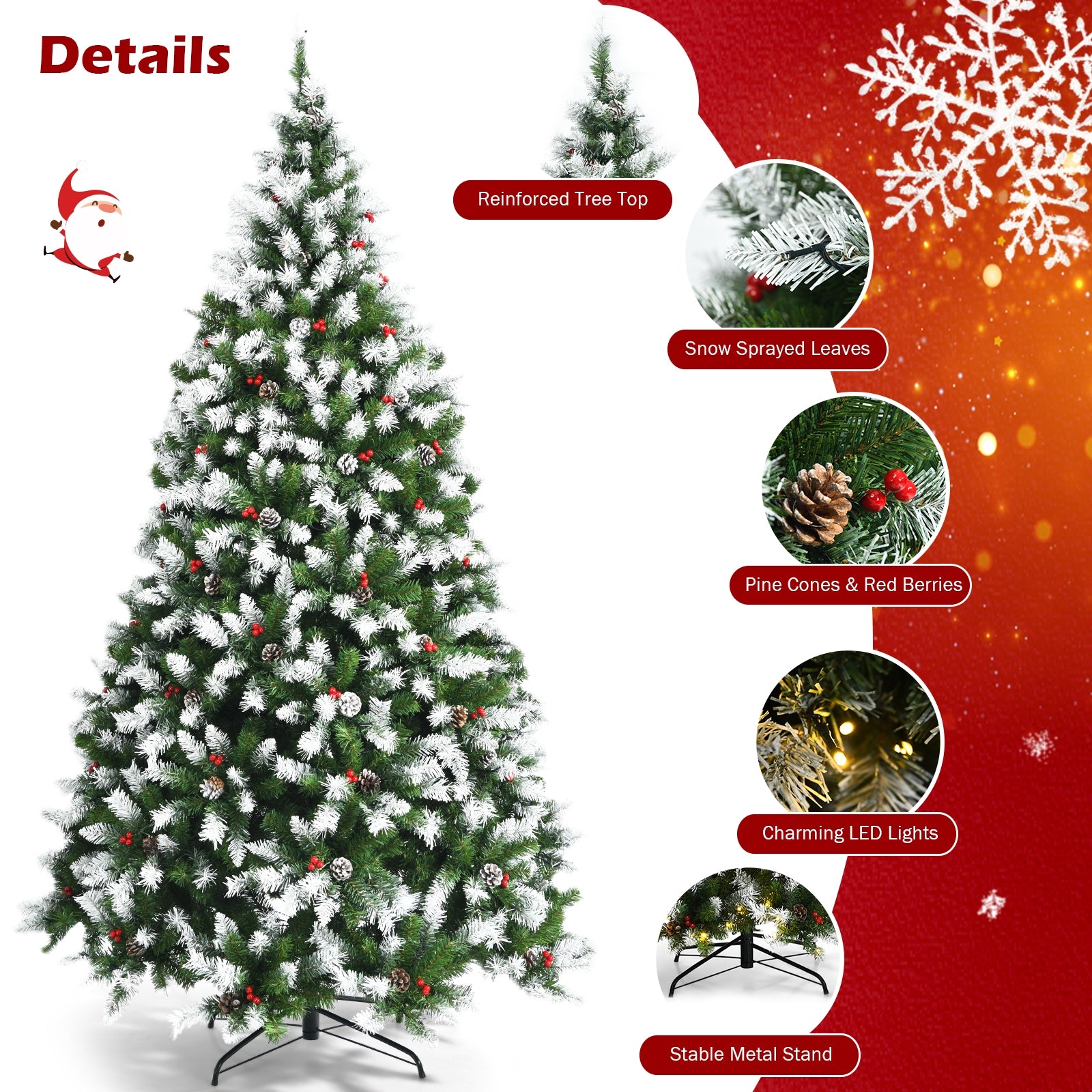 7.5 FT Pre-lit Snow Flocked Christmas Tree with Red Berries and 8 Lighting Modes