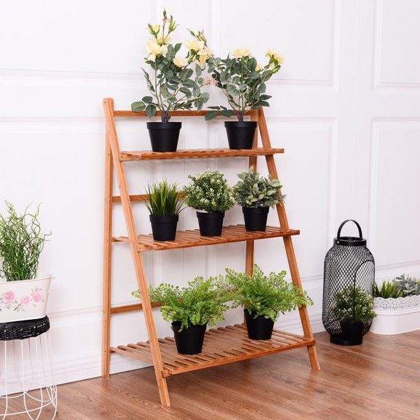 SUGIFT  Plant Storage Shelf 3-tier Folding Bamboo Flower Shelf
