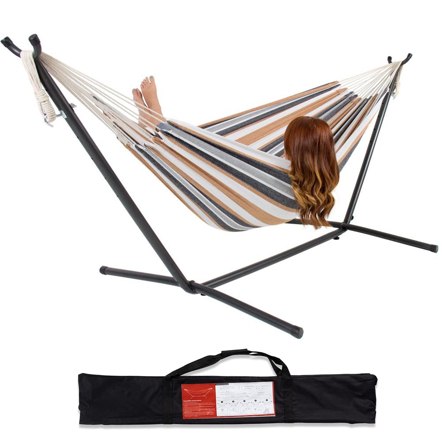 SUGIFT  2-Person Hammock with Space Saving Steel Stand Garden Yard Outdoor 450lb Capacity Double Hammocks and Portable Carrying Bag , Desert Stripes