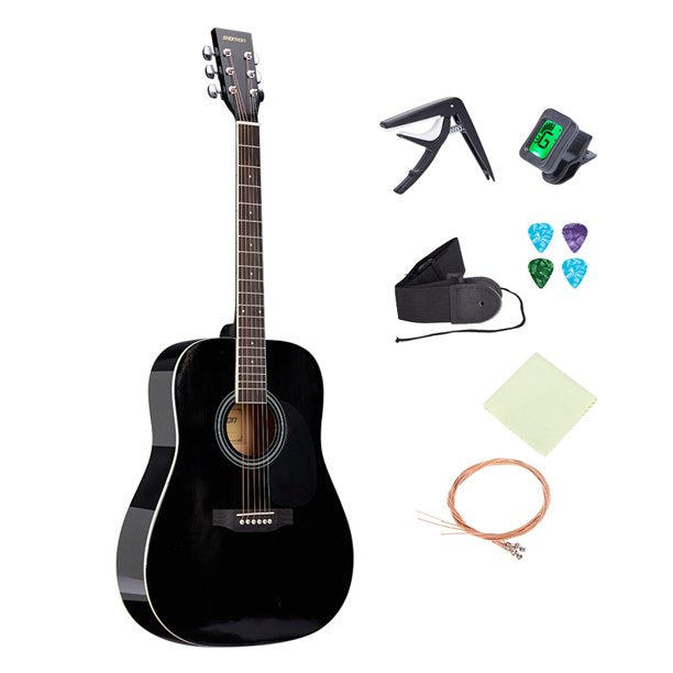 SUGIFT 41in Full Size All-Wood Acoustic Guitar Starter Kit w/Gig Bag, E-Tuner, Pick, Strap, Rag - Black