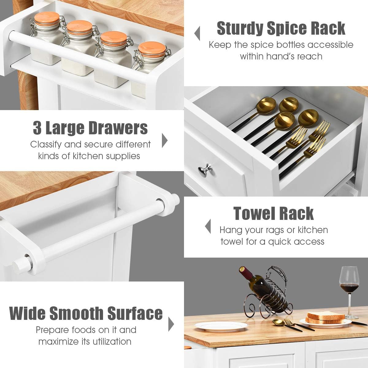 SUGUIFT Kitchen Island Trolley Cart Wood with Drop-Leaf Tabletop and Storage Cabinet