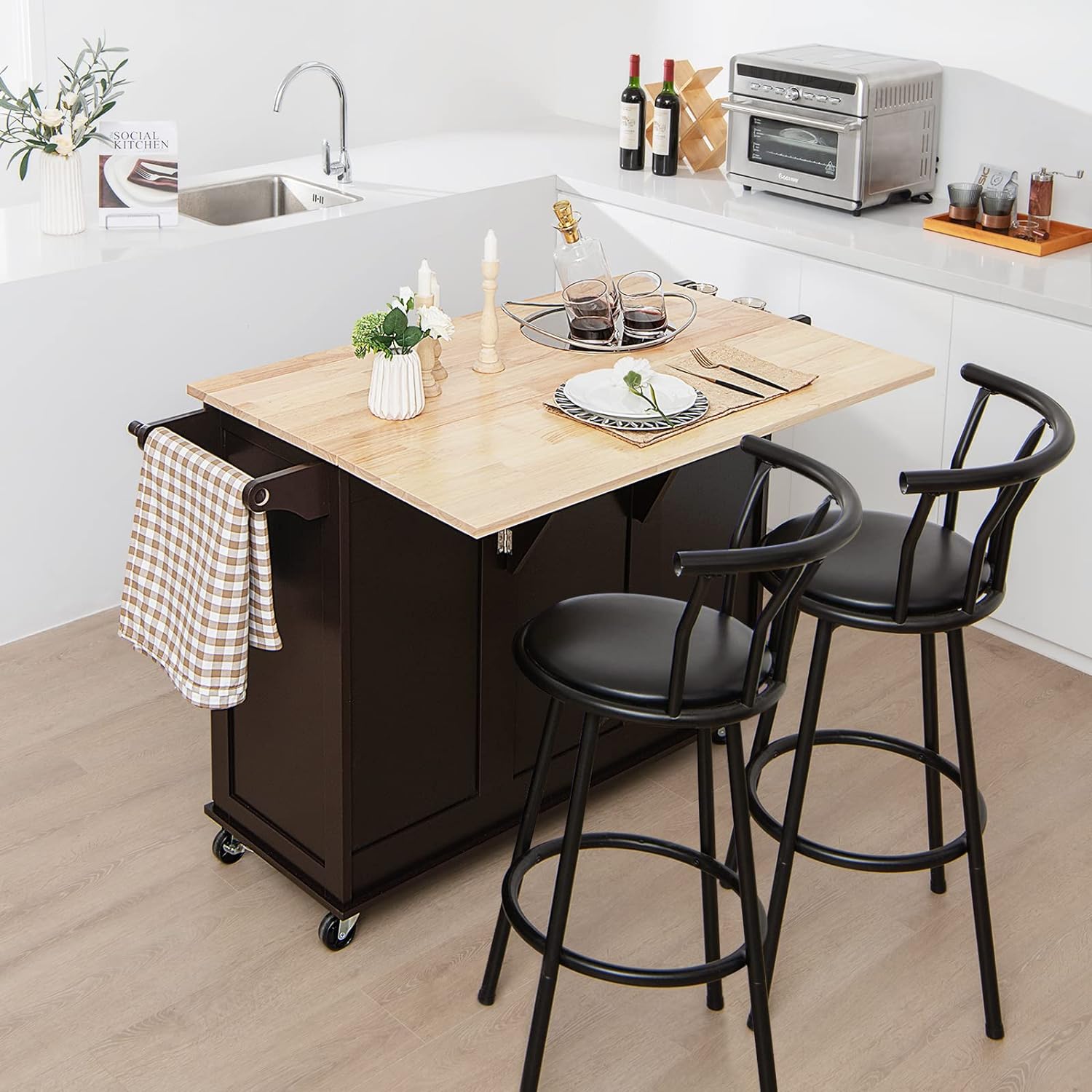 SUGUIFT Kitchen Island Trolley Cart Wood with Drop-Leaf Tabletop and Storage Cabinet