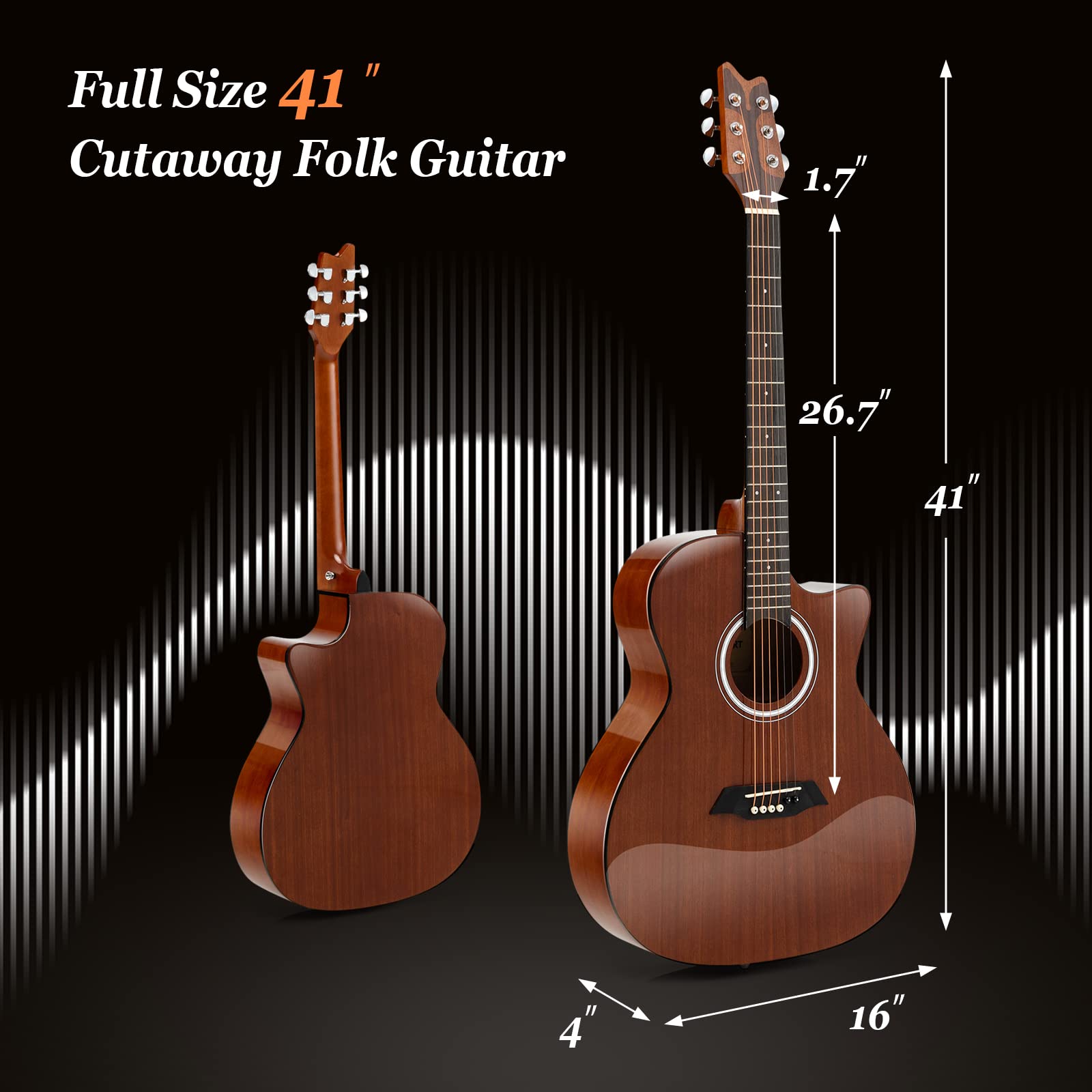 SUGIFT 41 Inch Full Size Acoustic Guitar with Sapele Body Strap Picks