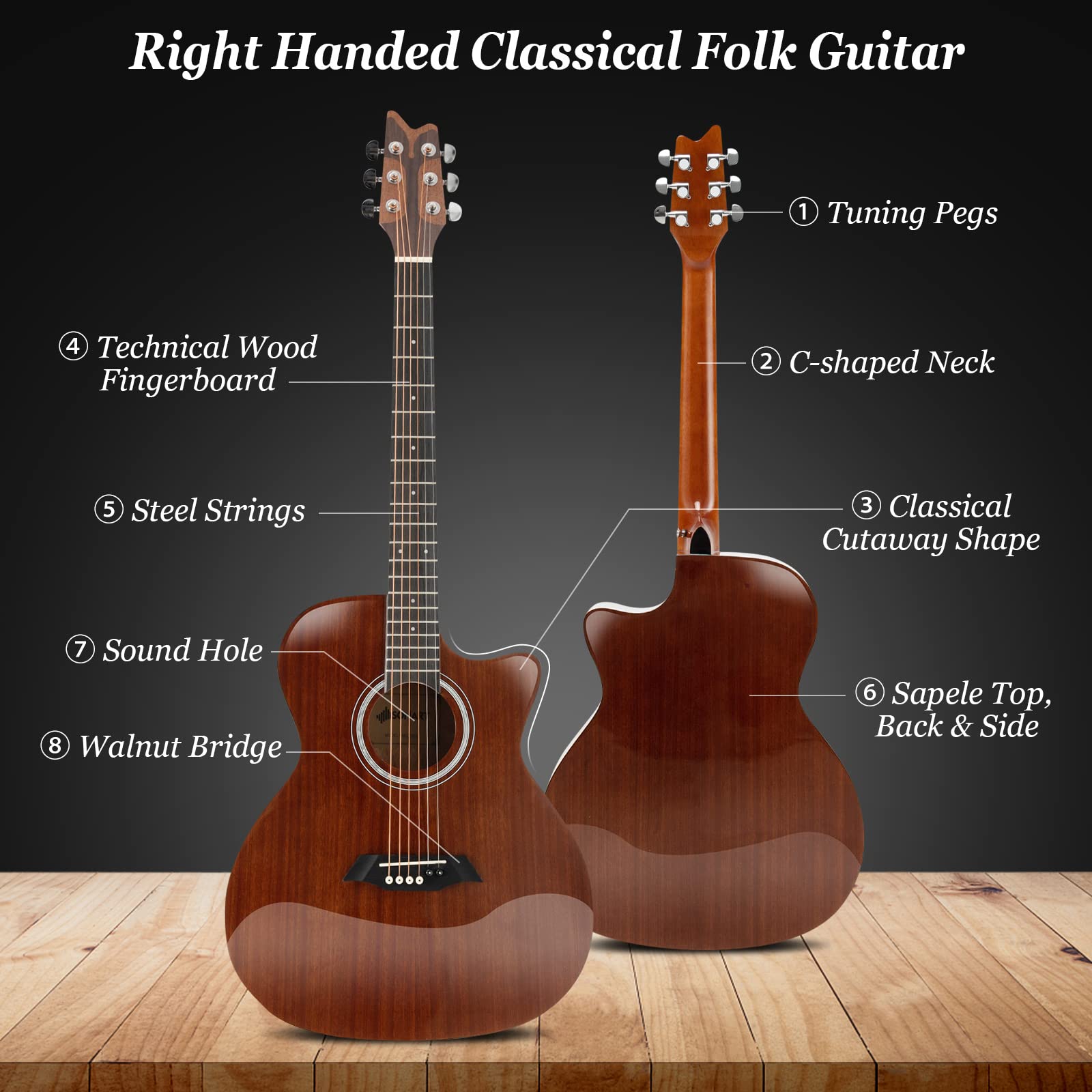SUGIFT 41 Inch Full Size Acoustic Guitar with Sapele Body Strap Picks