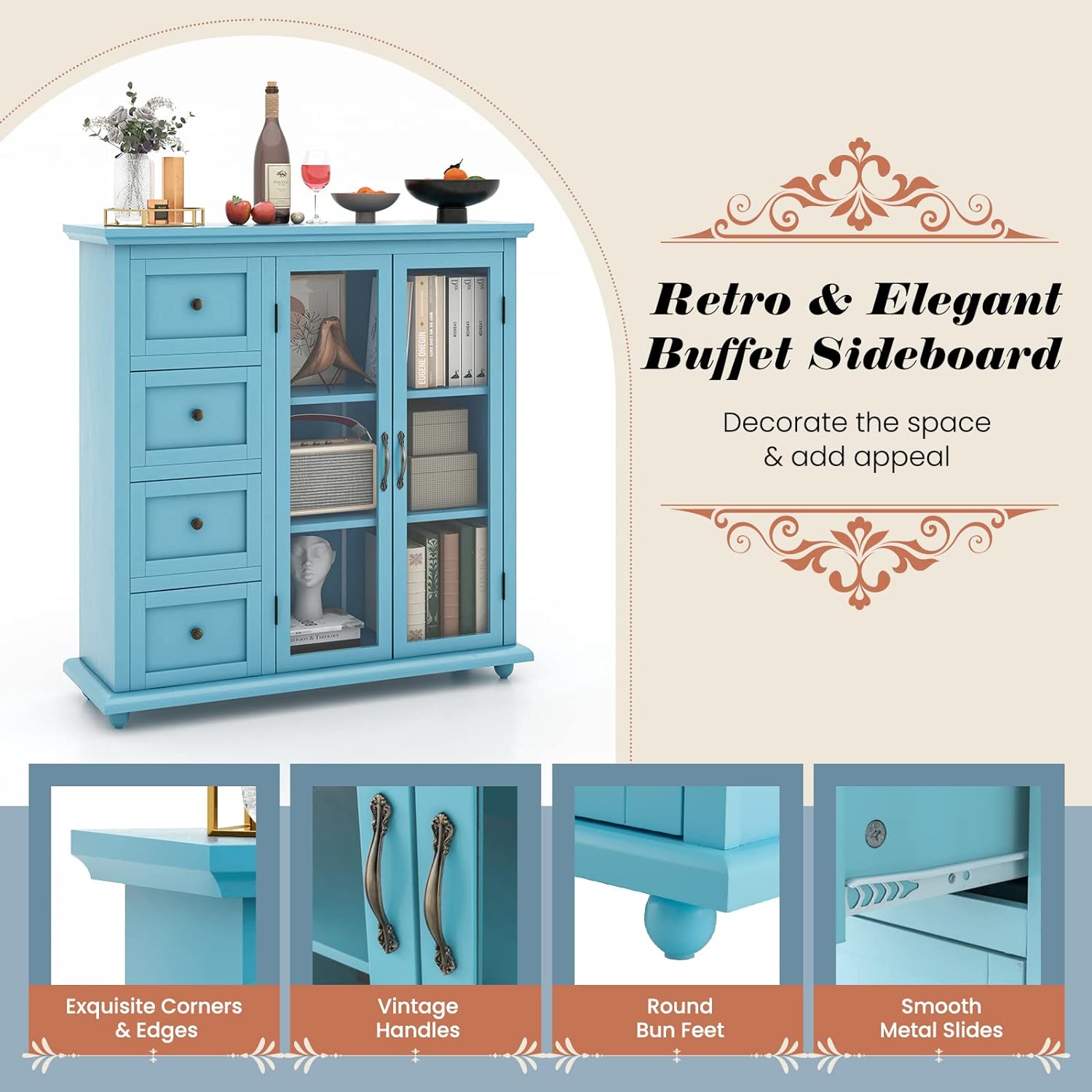 SUGIFT Buffet Sideboard Table Kitchen Storage Cabinet with Drawers and Doors