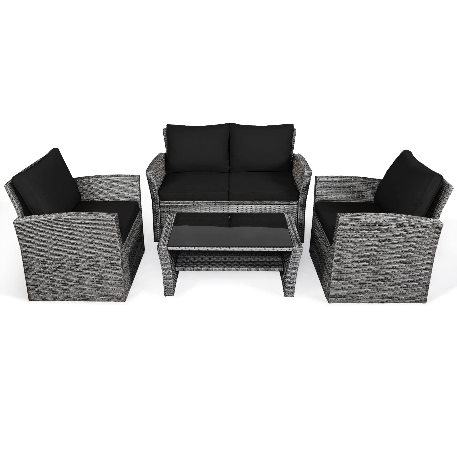 SUGIFT 4 Pieces Patio Rattan Furniture Set Sofa Table with Storage Shelf Cushion