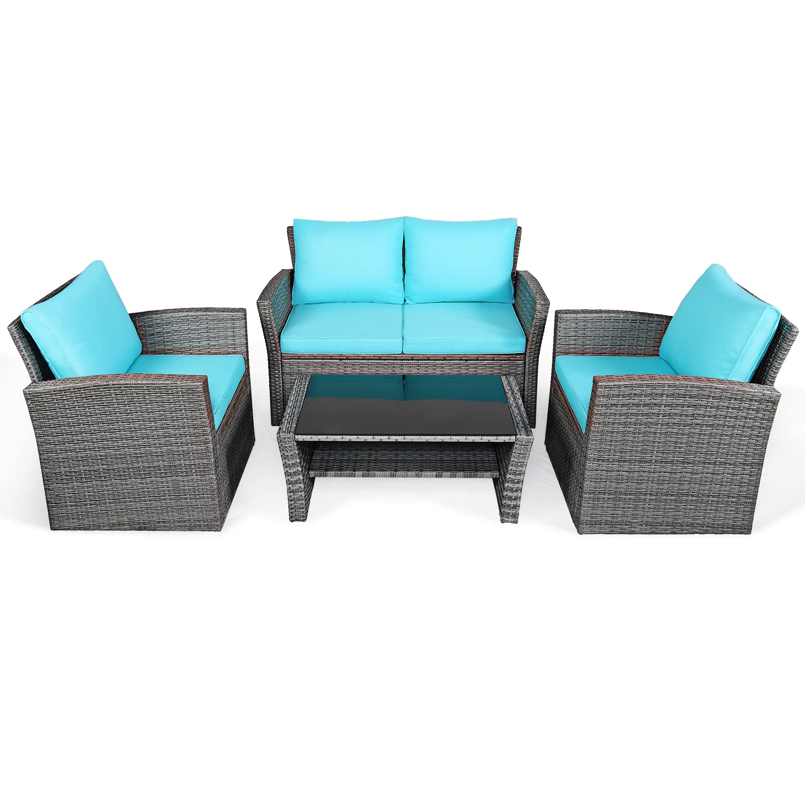 SUGIFT 4 Pieces Patio Rattan Furniture Set Sofa Table with Storage Shelf Cushion