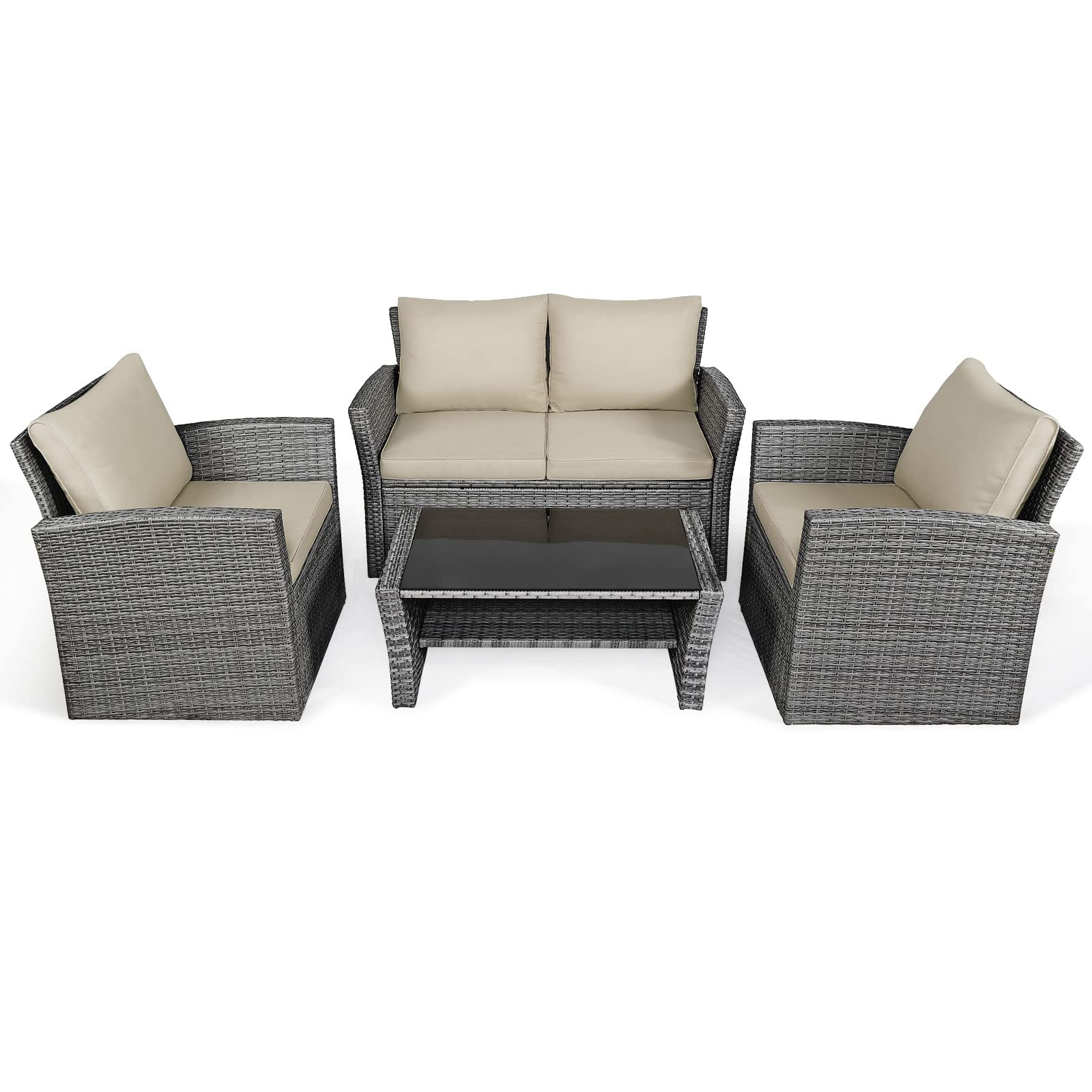 SUGIFT 4 Pieces Patio Rattan Furniture Set Sofa Table with Storage Shelf Cushion