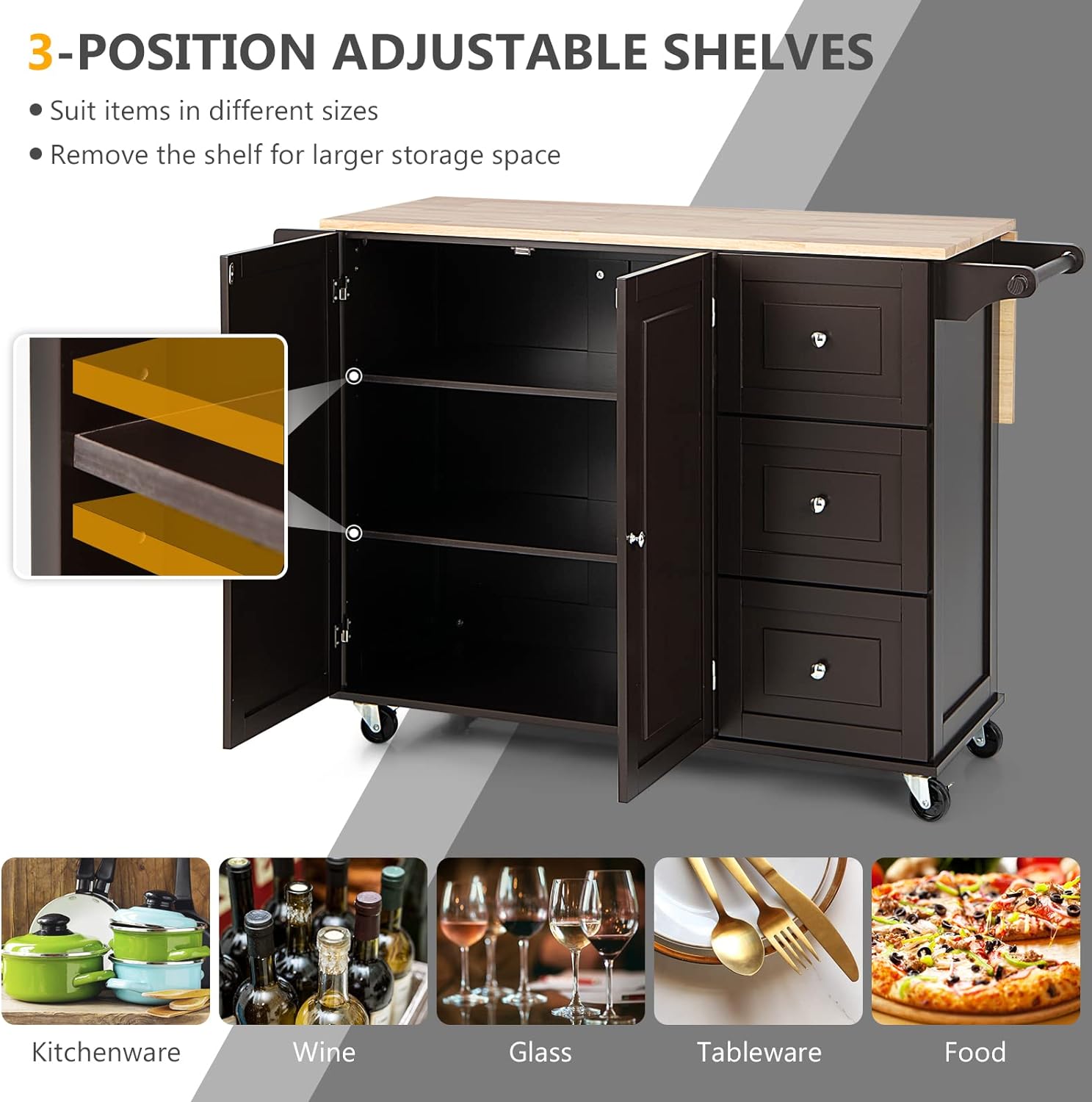 SUGUIFT Kitchen Island Trolley Cart Wood with Drop-Leaf Tabletop and Storage Cabinet