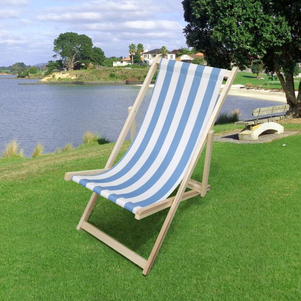 SUGIFT  Beach Sling Chair, Lounge Striped Chair Outdoor, Reclining Beach Chair, Wooden Folding Adjustable Patio Chair, Light Blue