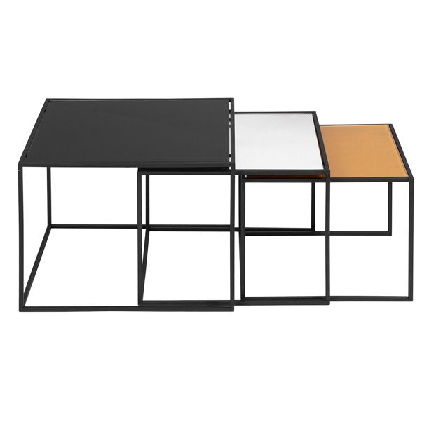 SUGIFT  3-Piece Mirror Top Nesting Coffee Table End Desk/Side Table Set in Black Steel Tube