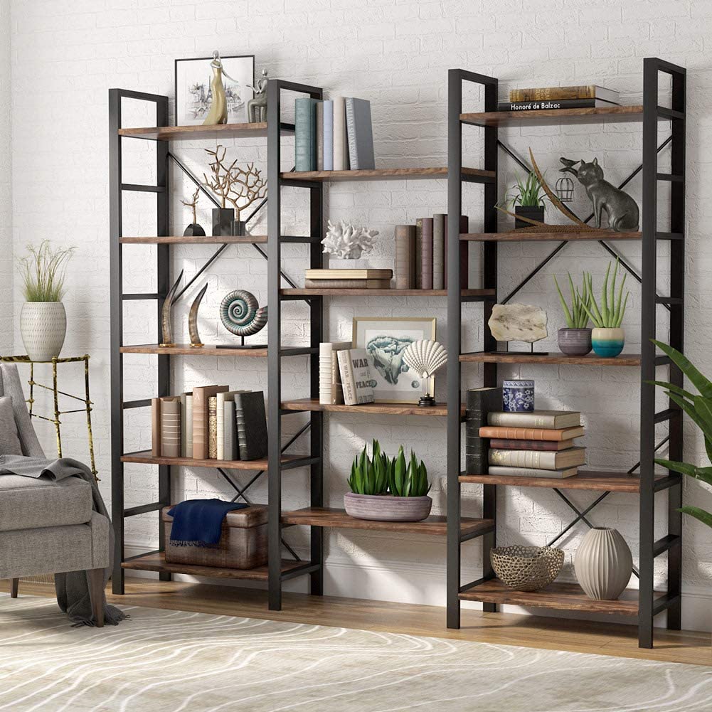 SUGIFT  Triple Wide 5-Shelf Bookcase, Etagere Large Open Bookshelf Vintage Industrial Style Shelves Wood and Metal bookcases Furniture for Home & Office (Retro Brown)