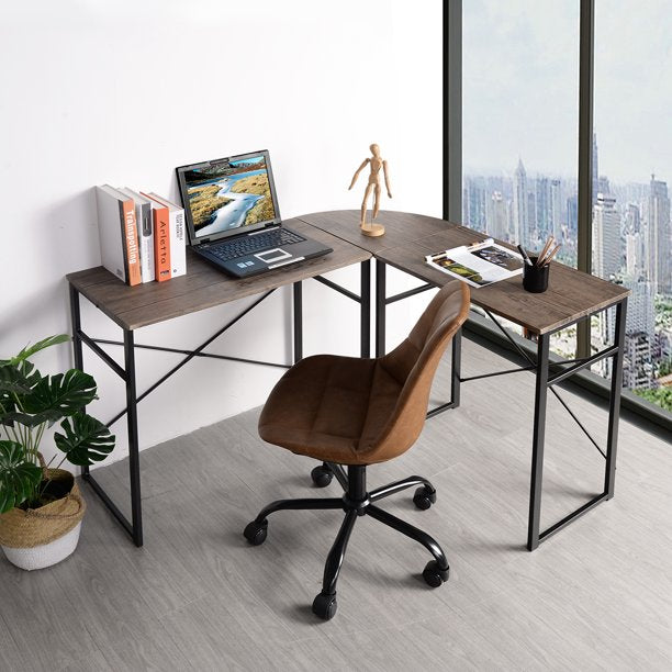 SUGIFT  IFT L-Shape Desk Computer Desk Office Table Laptop Writing Study Workstation Metal Frame,Brown
