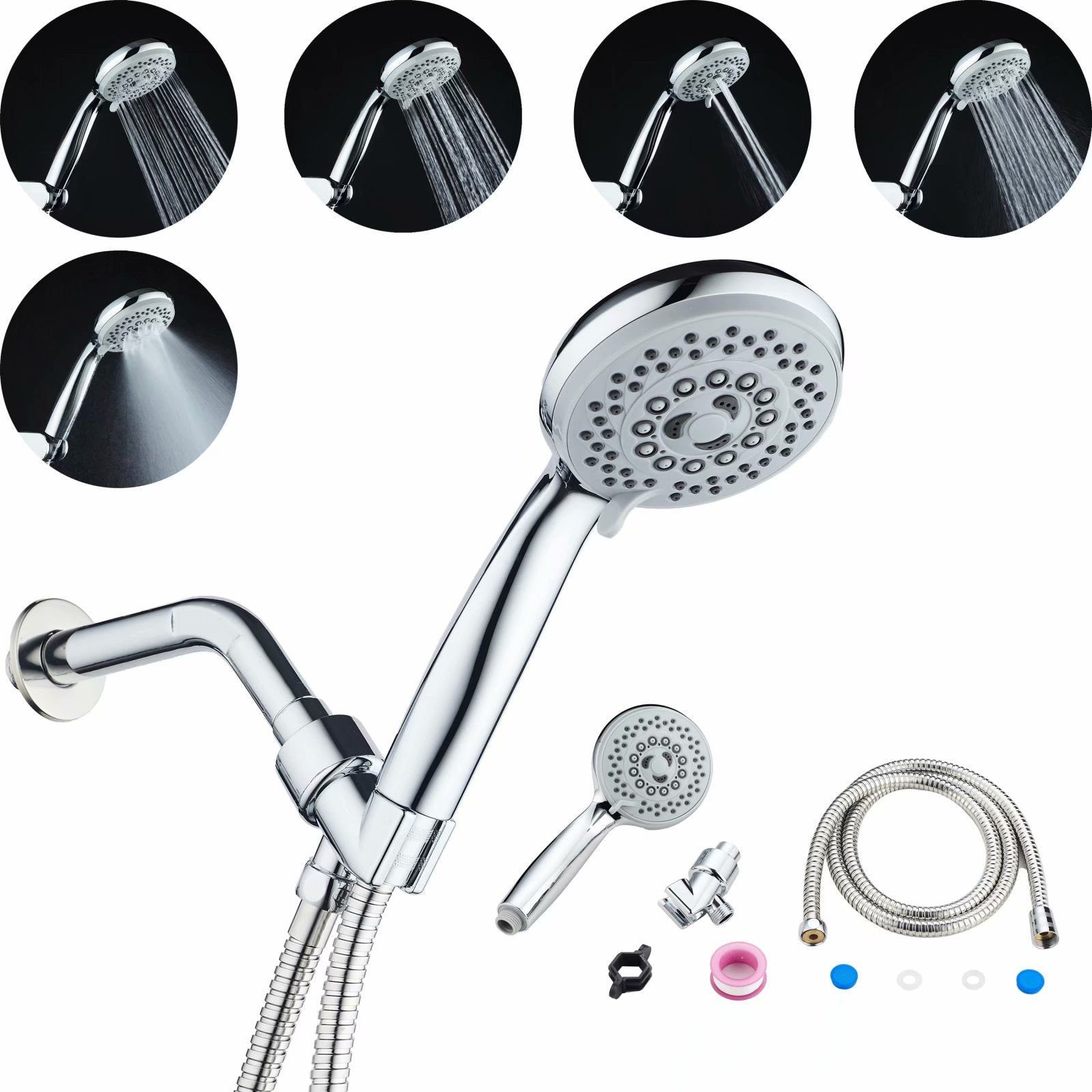 SUGIFT  Shower Head High Pressure Water Saving 5 Mode Function Spay Handheld Showerheads Set with 79 inch Stainless Steel Hose Bracket Teflon Tape Rubber Washers