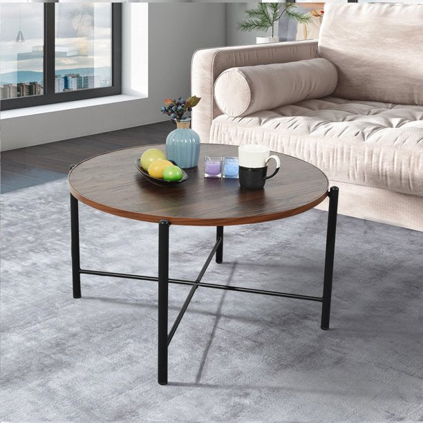 SUGIFT  Coffee Table Wood Cocktail Table Tea Desk 29.7 Inch Large Round Coffee Table Solid Metal Frame Table for Living Room