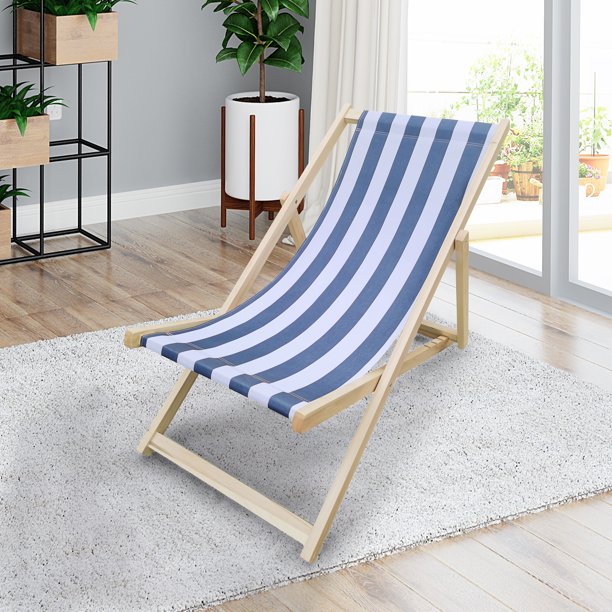 SUGIFT  Beach Sling Chair, Lounge Striped Chair Outdoor, Reclining Beach Chair, Wooden Folding Adjustable Patio Chair, Blue