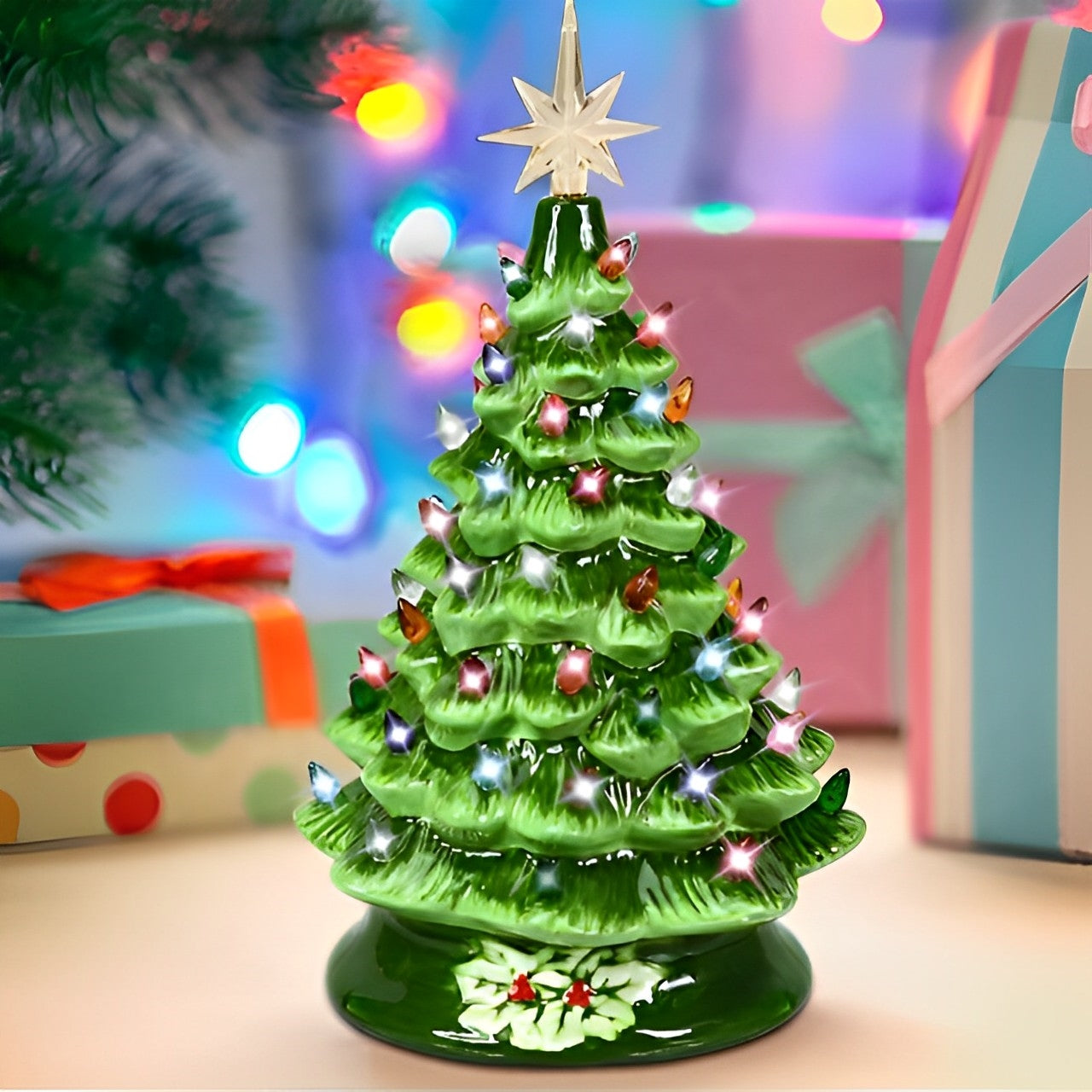 15in Ceramic Christmas Tree, Lighted Artificial Christmas Decoration Hand Painted Lighted Tree with Star