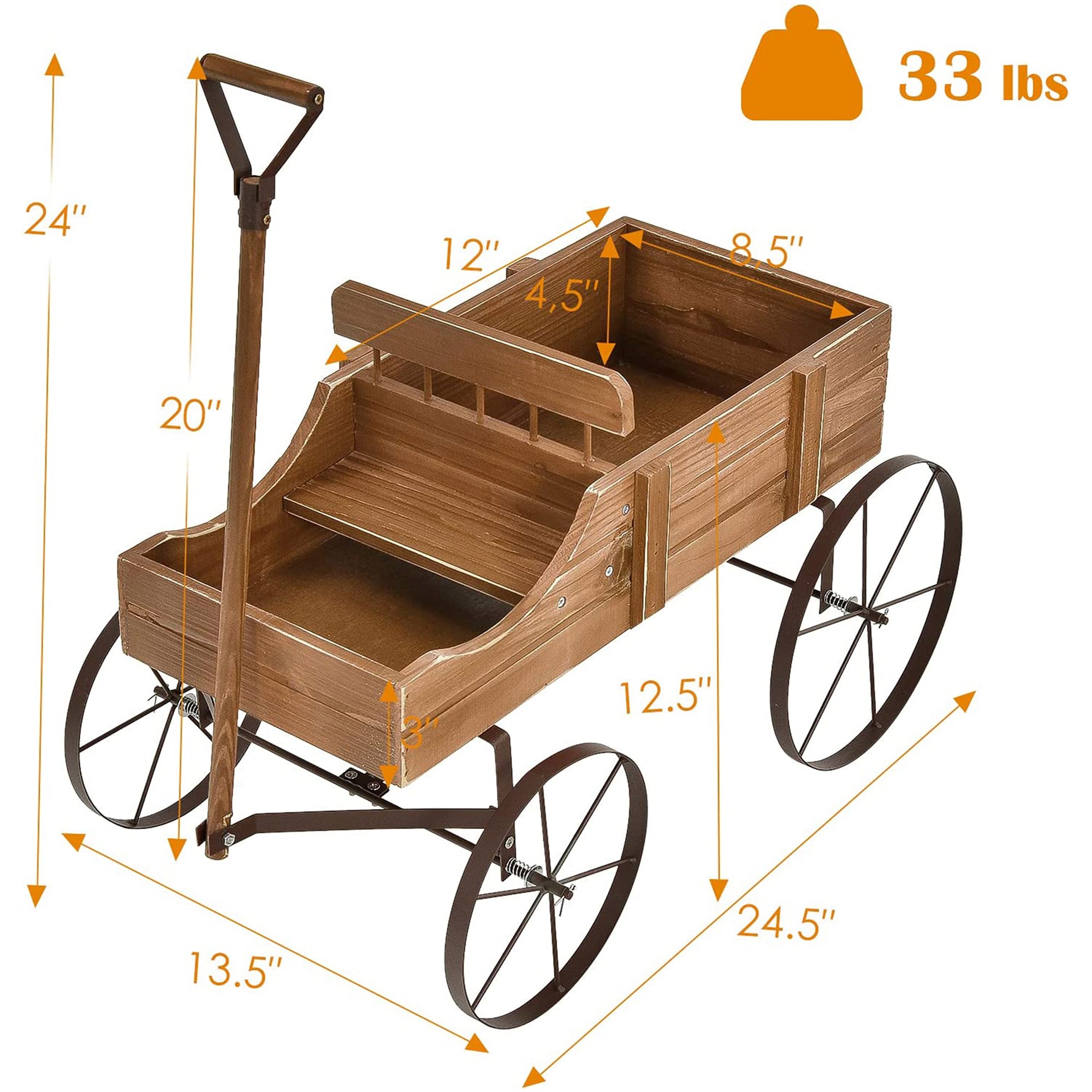 SUGIFT Wooden Wagon Plant Bed with Metal Wheels for Garden Yard Patio