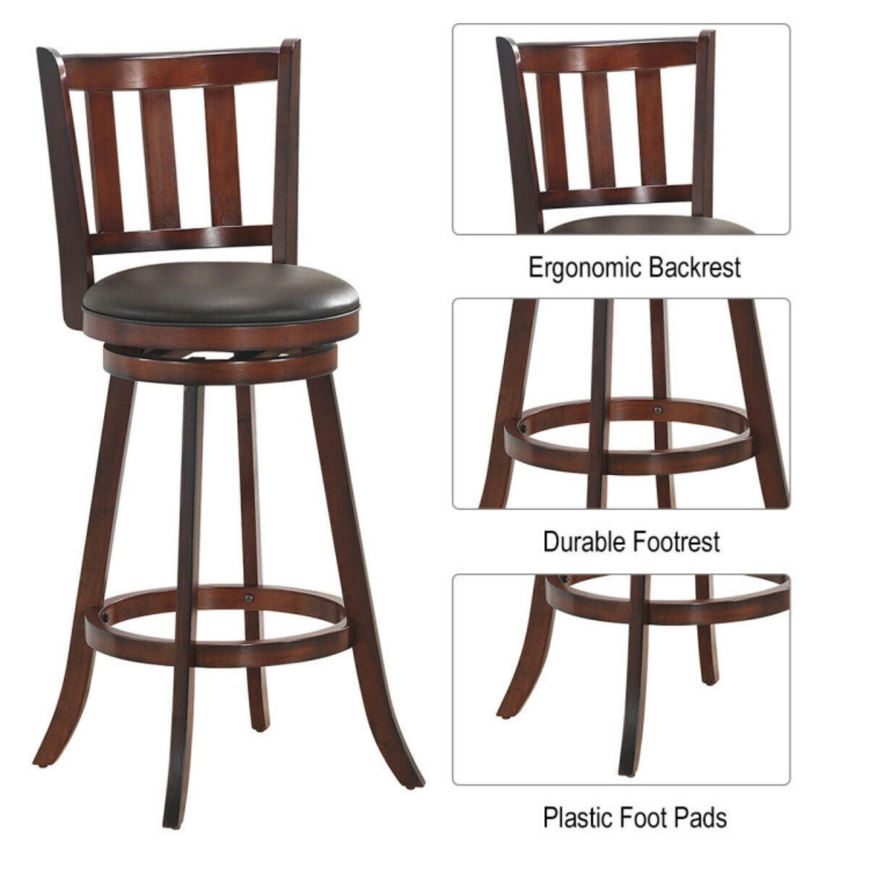 SUGIFT 2 Pieces 360 Degree Swivel Wooden Counter Height Bar Stool Set with Cushioned Seat