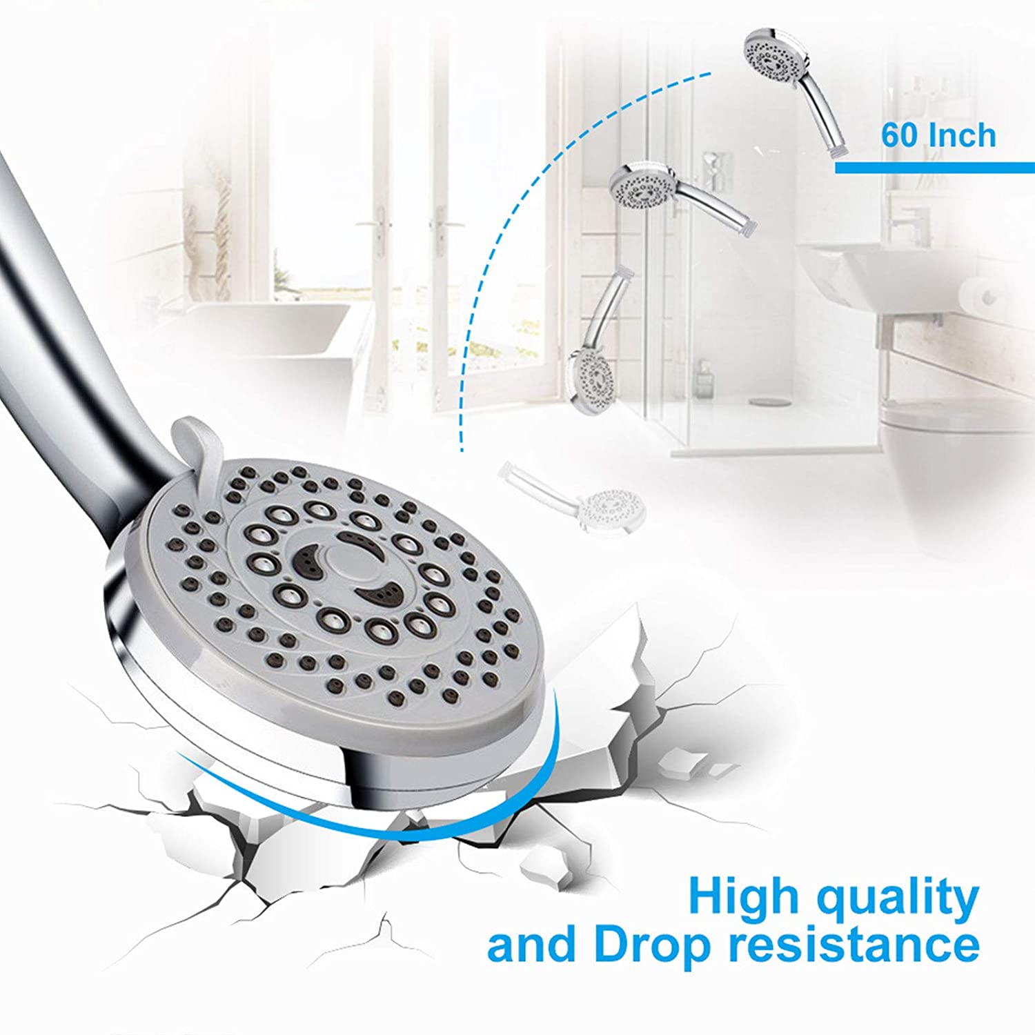 SUGIFT   High Pressure 5-Setting Handheld Shower Head with Powerful Shower Spray against Low Pressure Water Supply Pipeline, Multi-functions, w/79'' Hose, Bracket, Flow Regulator, Chrome Finish