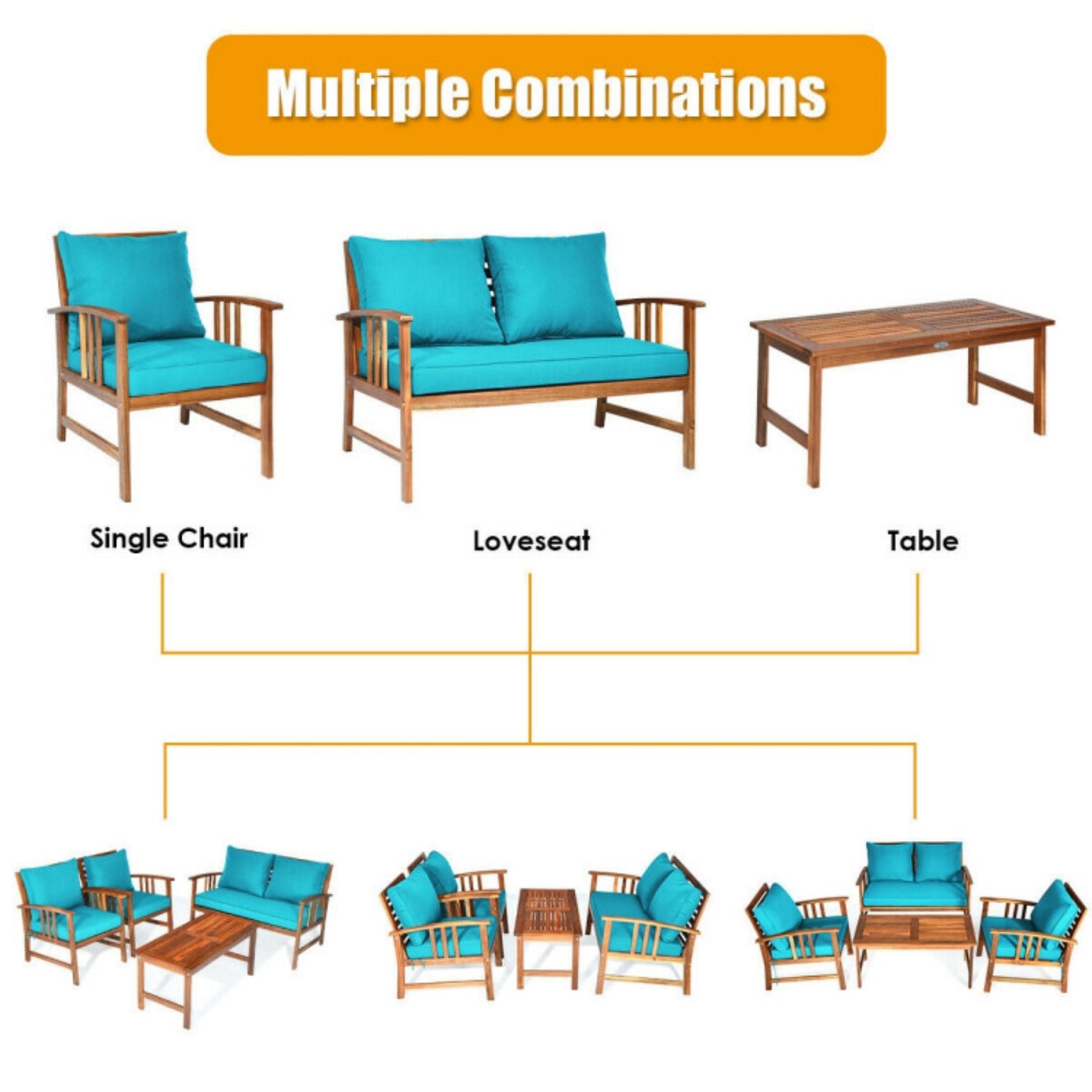 SUGIFT 4 Pieces Wooden Patio Sofa Chair Set with Cushion