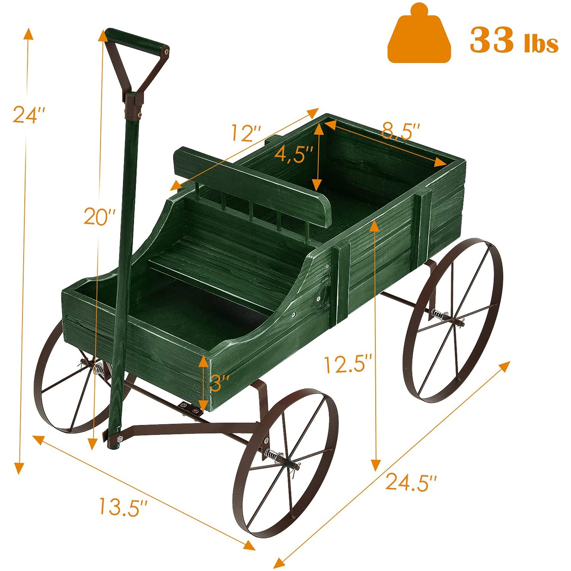 SUGIFT Wooden Wagon Plant Bed with Metal Wheels for Garden Yard Patio
