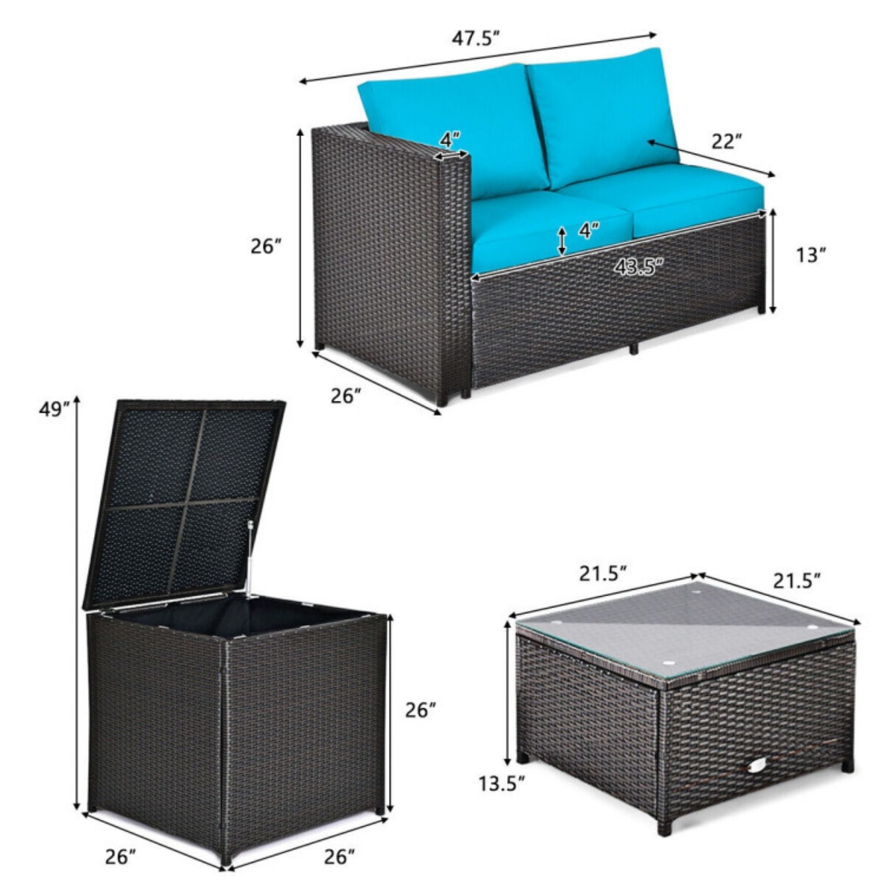 SUGIFT 4 Pieces Outdoor Patio Rattan Furniture Set with Loveseat and Storage Box