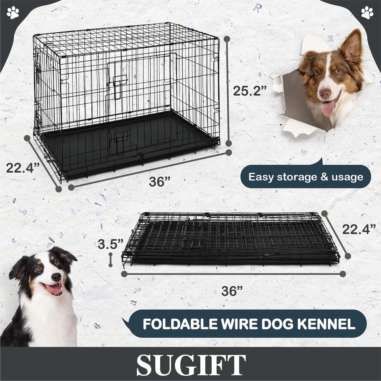 SUGIFT 36 inch Dog Crate,Two Door Wire Dog Crate, Black