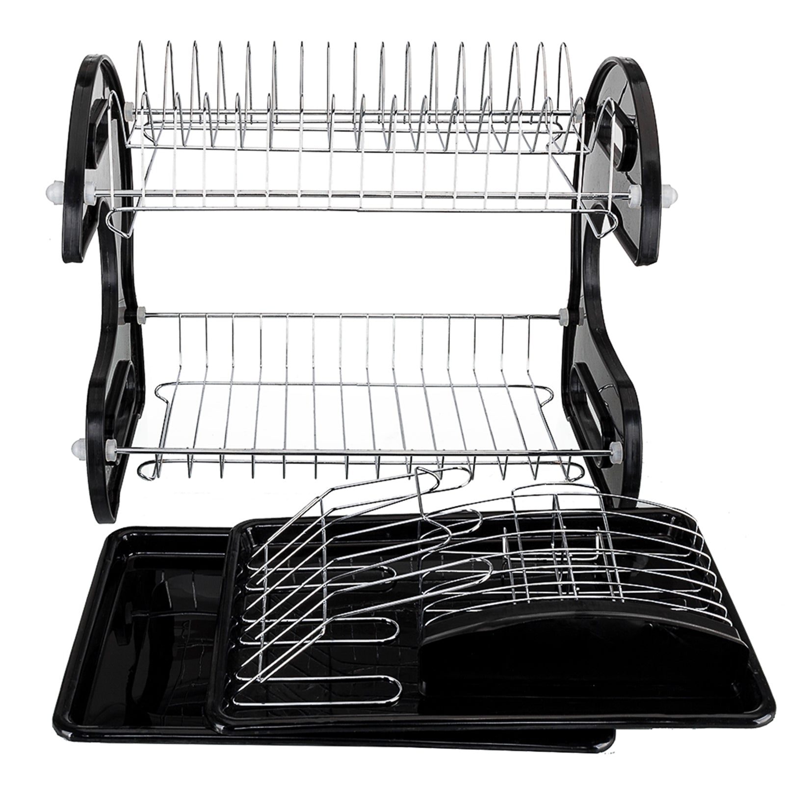 Multifunctional Dual Layers Bowls & Dishes & Chopsticks & Spoons Collection Shelf Dish Drainer Black