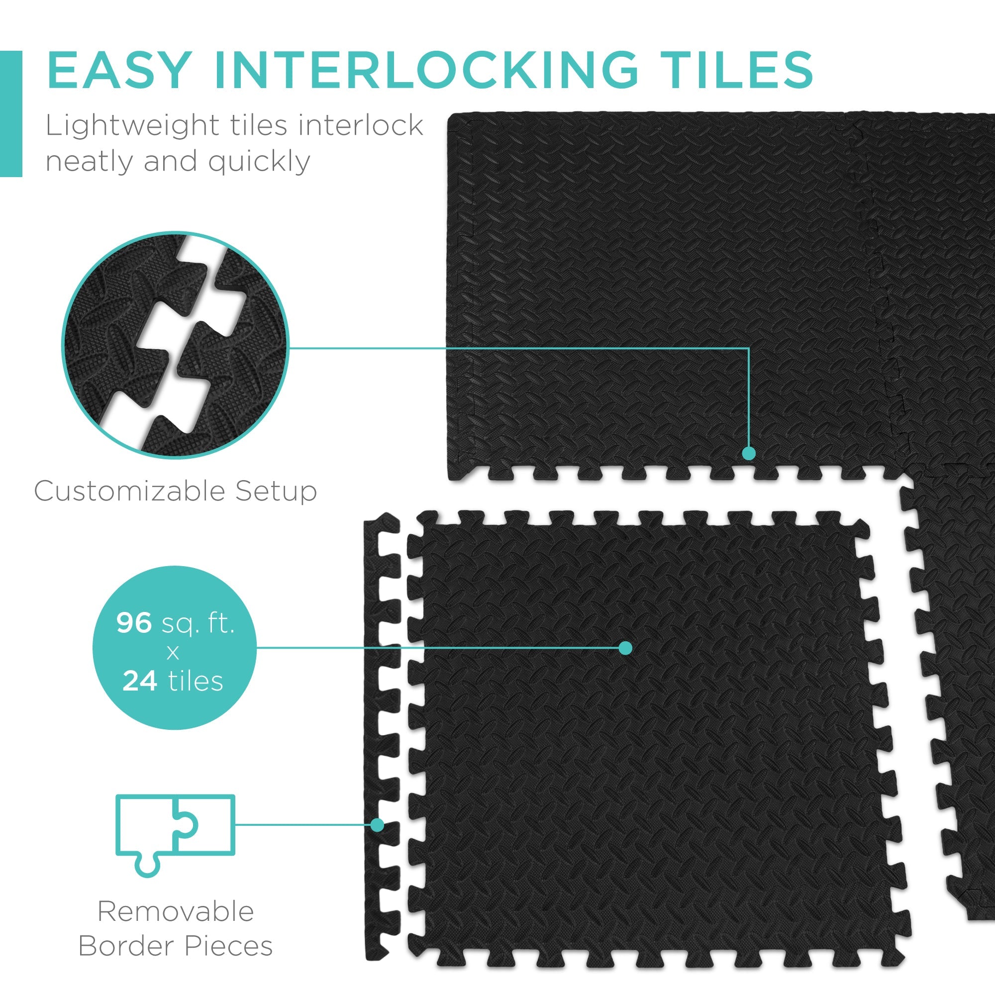 SUGIFT  96 Sq. ft. Puzzle Exercise Mat, 24-Piece 2X2Ft EVA Foam Interlocking Tiles, 3/8In Thick - Black