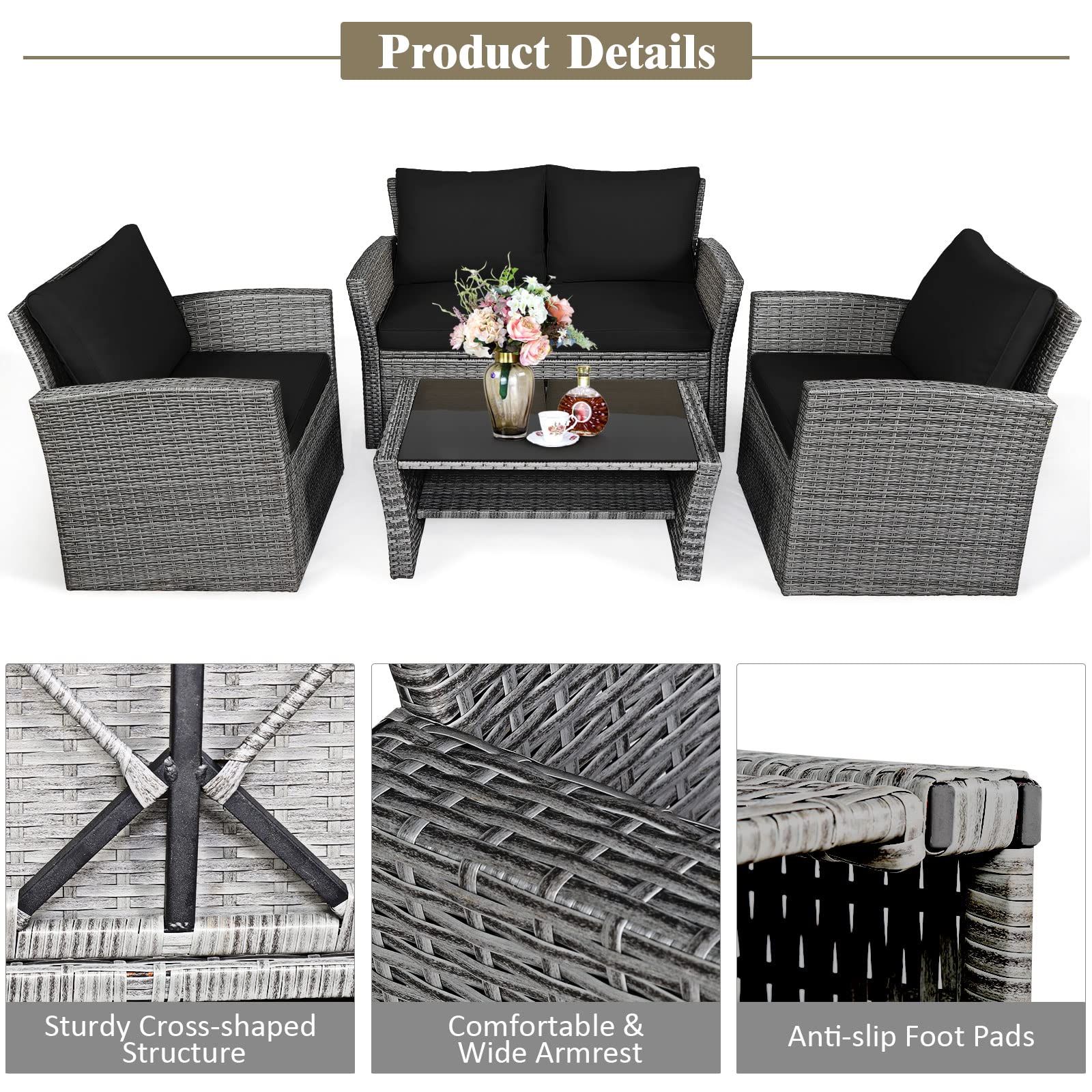 SUGIFT 4 Pieces Patio Rattan Furniture Set Sofa Table with Storage Shelf Cushion