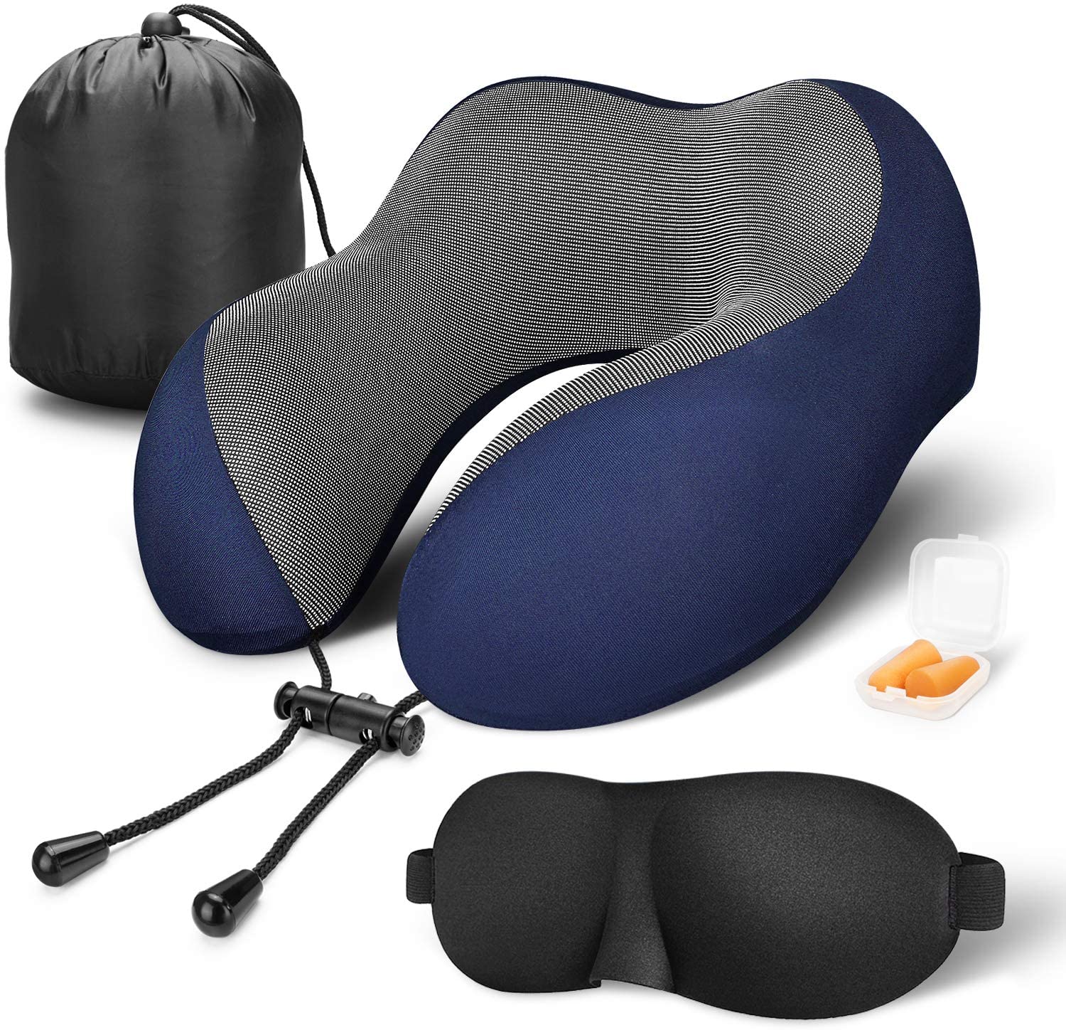 SUGIFT  Travel Pillow 100% Pure Memory Foam Neck Pillow, Comfortable & Breathable Cover, Machine Washable, Airplane Travel Kit with 3D Contoured Eye Masks, Earplugs, and Luxury Bag, Standard (Blue)