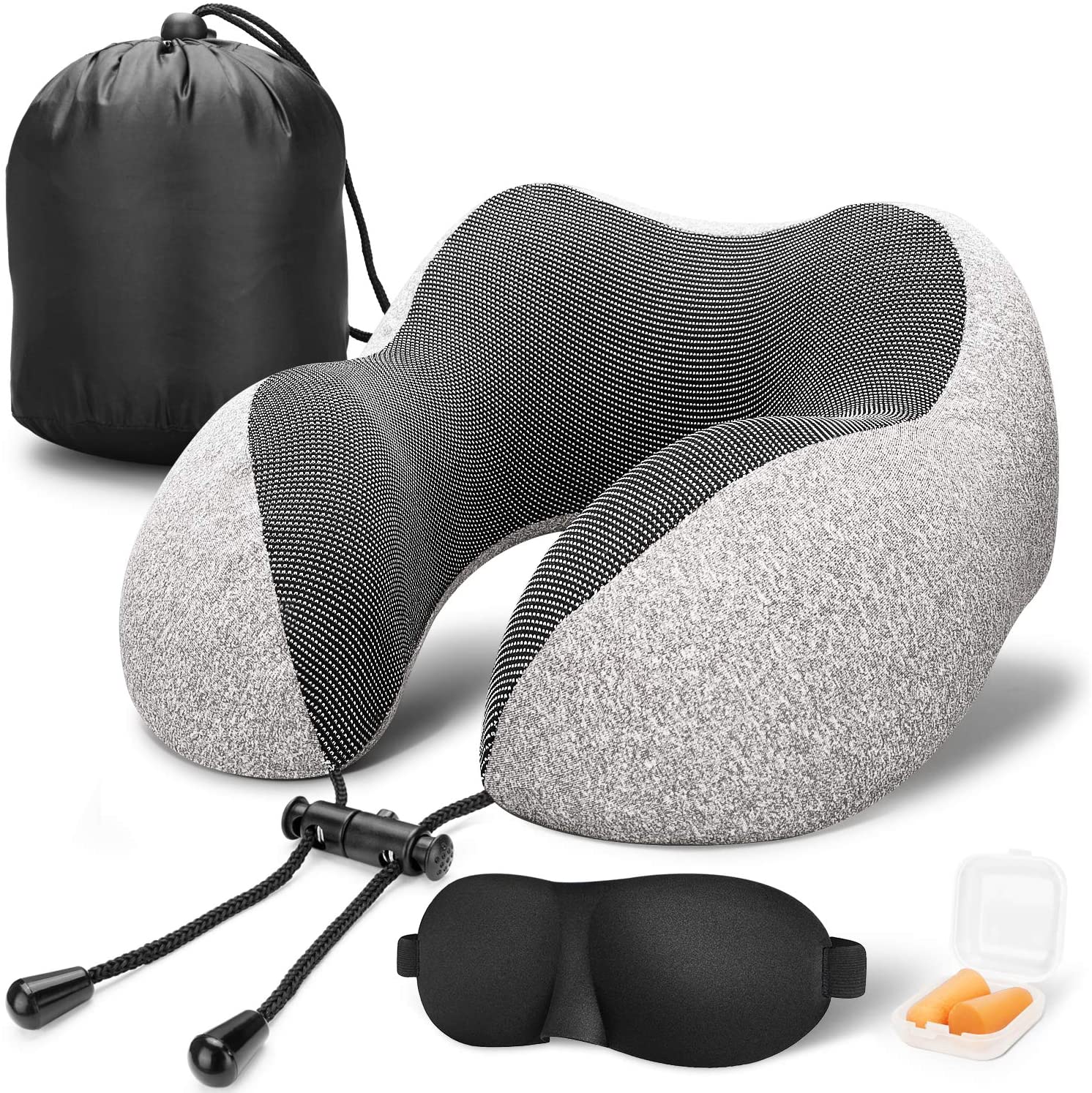 SUGIFT  Travel Pillow 100% Pure Memory Foam Neck Pillow, Comfortable & Breathable Cover, Machine Washable, Airplane Travel Kit with 3D Contoured Eye Masks, Earplugs, and Luxury Bag, Standard (Grey)