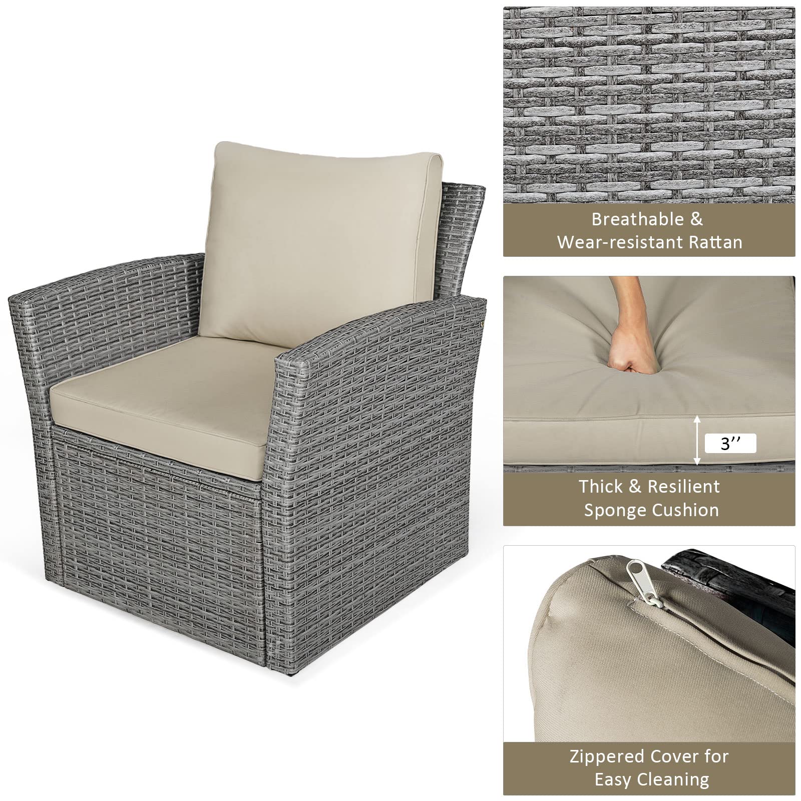 SUGIFT 4 Pieces Patio Rattan Furniture Set Sofa Table with Storage Shelf Cushion