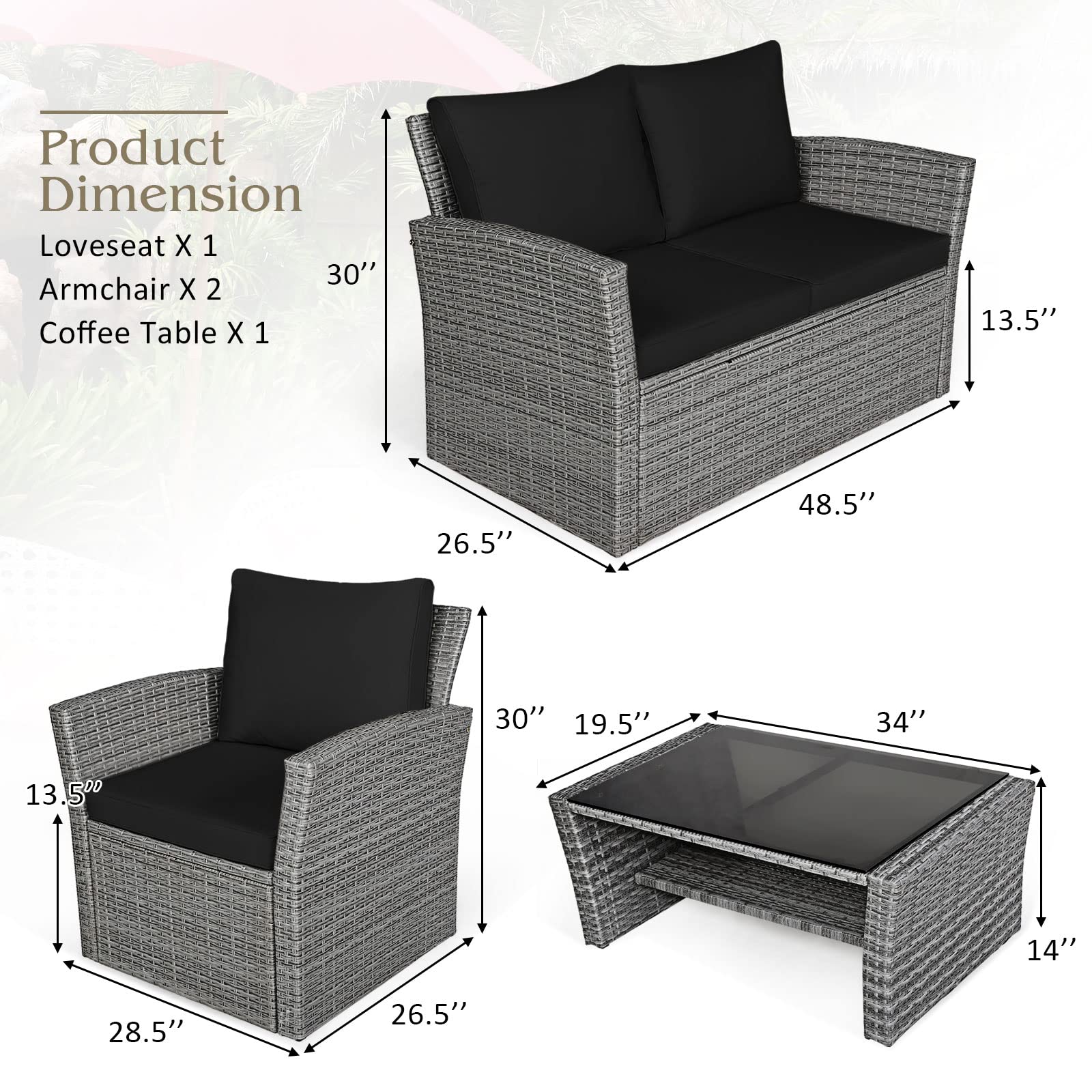 SUGIFT 4 Pieces Patio Rattan Furniture Set Sofa Table with Storage Shelf Cushion