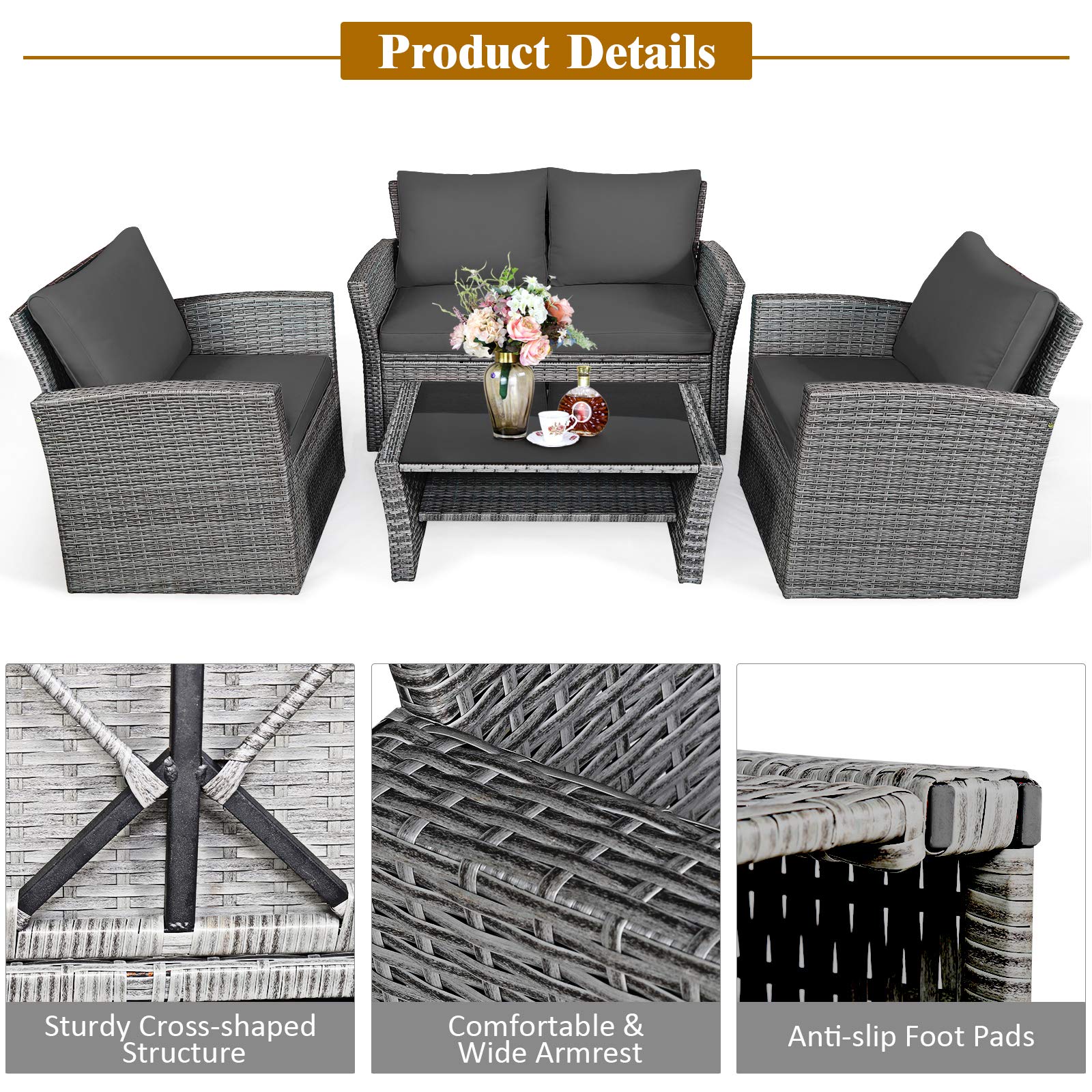 SUGIFT 4 Pieces Patio Rattan Furniture Set Sofa Table with Storage Shelf Cushion