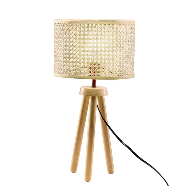 SUGIFT  Solid Wood Rattan 21.3inch Table Lamp with In-line Switch Control