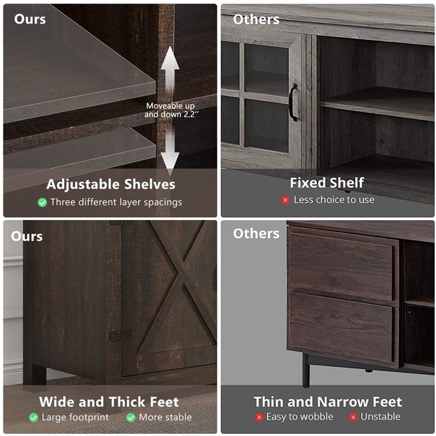 TV Stand 58 in Entertainment Center with Storage Cabinet with 3-Tier Adjustable Shelves Industrial Espresso