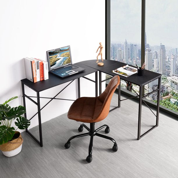 SUGIFT  L-Shape Desk Computer Desk Office Table Laptop Writing Study Workstation Metal Frame,Black