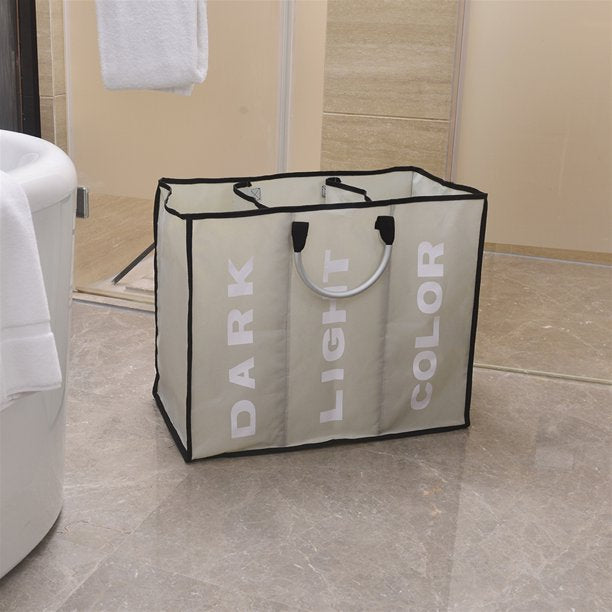 Portable Three Lattice Large Capacity Laundry Basket, Light Gray
