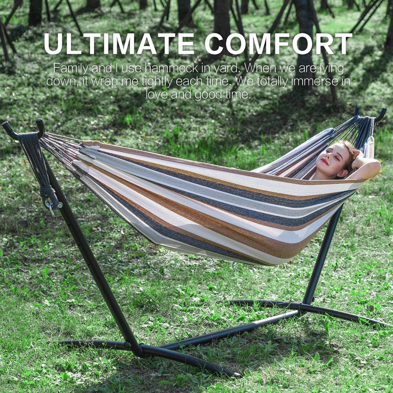 SUGIFT  2-Person Hammock with Space Saving Steel Stand Garden Yard Outdoor 450lb Capacity Double Hammocks and Portable Carrying Bag , Desert Stripes