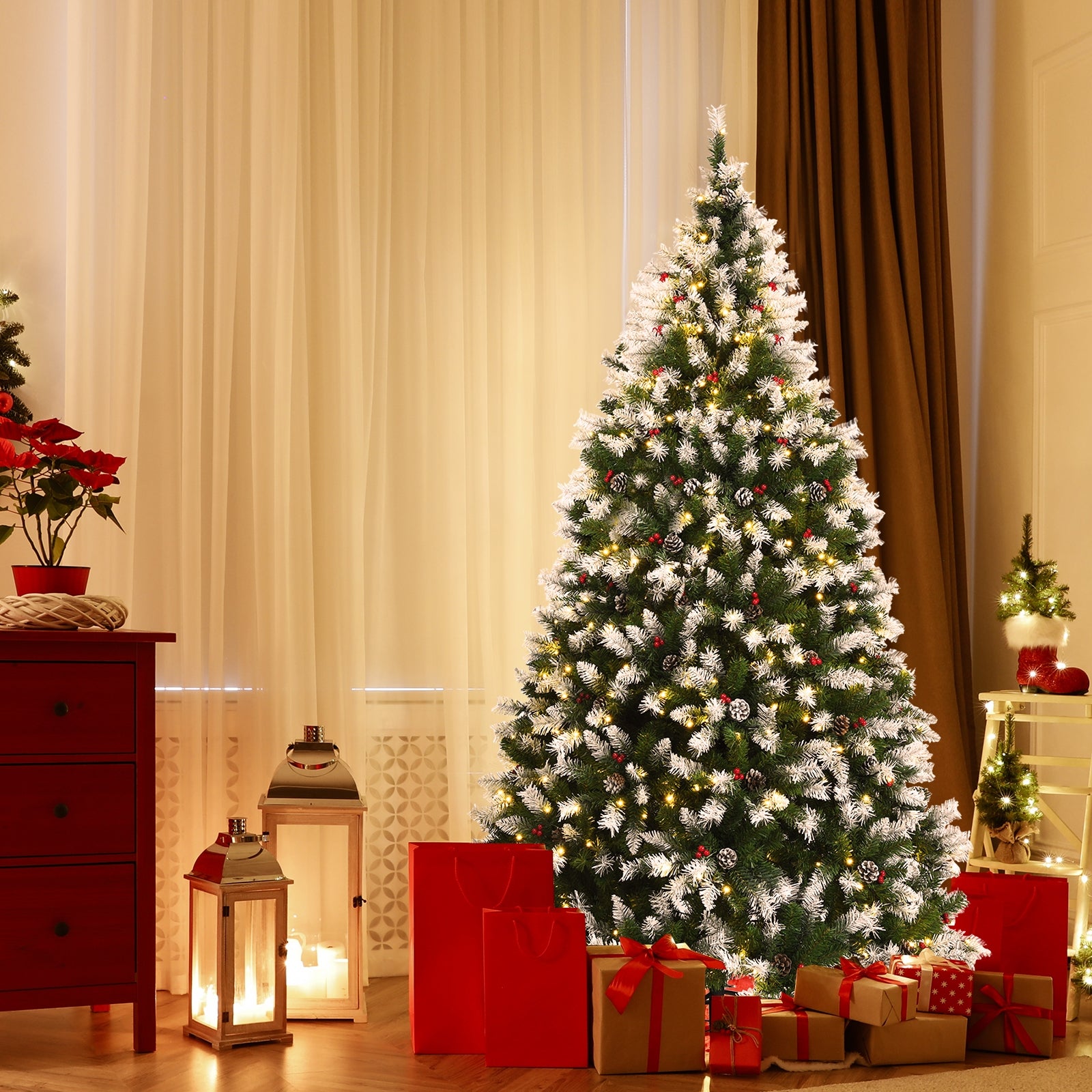 7.5 FT Pre-lit Snow Flocked Christmas Tree with Red Berries and 8 Lighting Modes