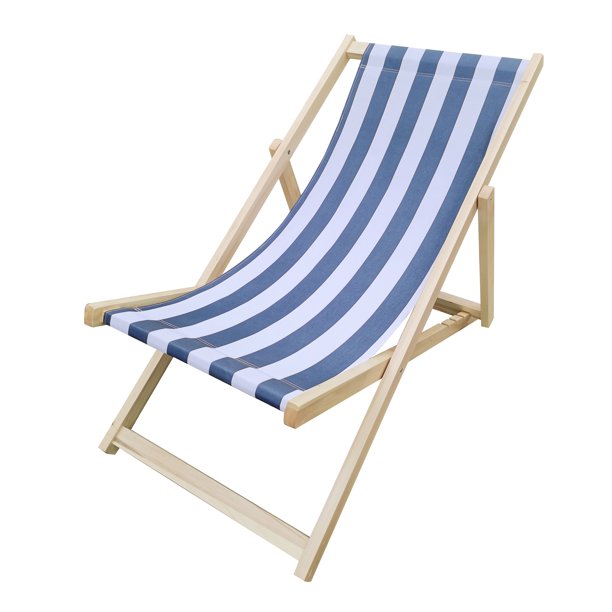 SUGIFT  Beach Sling Chair, Lounge Striped Chair Outdoor, Reclining Beach Chair, Wooden Folding Adjustable Patio Chair, Blue