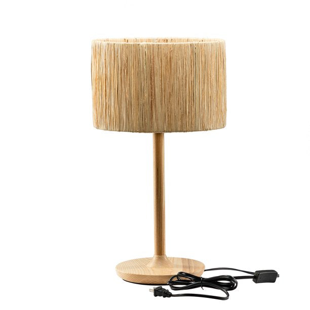 SUGIFT 21.3inch Table Lamp with In-line Switch Control and Grass Made-Up Lampshade Solid Wood